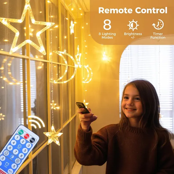 Ramadan Solar Lights, Outdoor Waterproof Moons Stars Curtain Window String With 8 Modes Timer Remote ,USB Rechargeable Connectable Warm White Hanging Decor For Patio