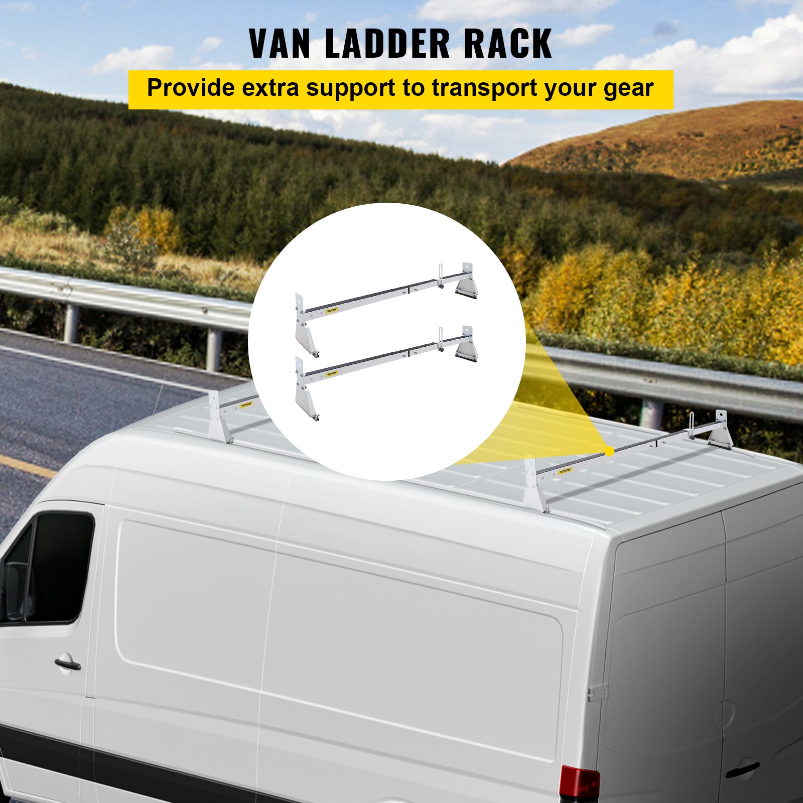 Vevor adjustable 52 to 63.8 inch steel cross bars on Chevy Express rain gutter van roof