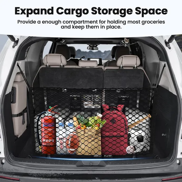 Trunk Cargo Net For Toyota Sienna 2021-2024 2025 Accessories Envelope Style Mesh Trunk Net Organizer And Storage Stretchable Adjustable Elastic Nylon Rear Cargo Netting With Hooks