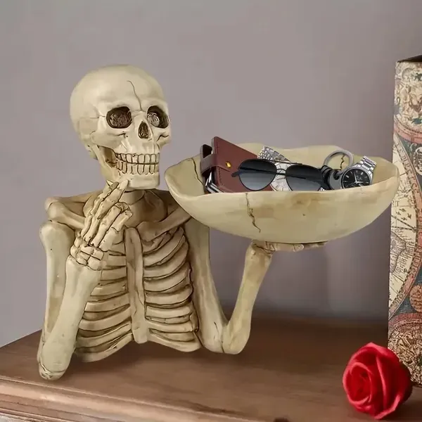 Skull Tray Ornament With Bowl  Unique Skeleton Design For Indoor & Outdoor Decor, Perfect For Halloween, Day Of The Dead, Or Gothic Themed Rooms, Creative Room Decoration