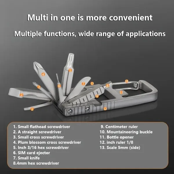 13 In 1 Multi-function Gadgets Stainless Steel Combination Tools, Mobile Phone Holder, Folding Outdoor, Bottle Opener, Screwdriver, Hiking Buckle, Knife