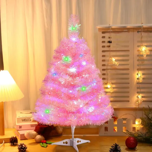 2FT Artificial Christmas Tree With Lights Lighted Pink Tabletop Christmas Tree With Plastic Stand Light Up Battery Operated Mini Xmas Tree For Part... Colorful - Shop at LoveMi