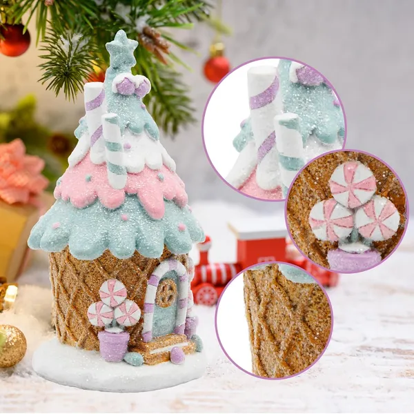 Gingerbread House Decorations, Pastel Pink Gingerbread Christmas Decor, Christmas Resin Ginger Bread Treehouse Decorations Indoor, Xmas Tabletop Village Houses Decor_voghion.com