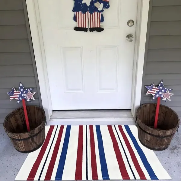 1pc 4th Of July Patriotic Door Mat - Blue White Red Striped Welcome Mat With Stars & Stripes Design, Durable Non-Woven Fabric & Rubber Backing, Hand Wash Only Farmhouse Porch Decor For Indepe