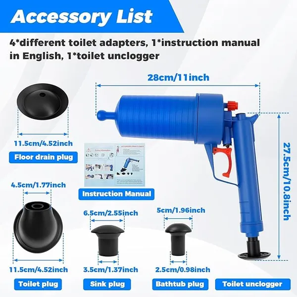 Toilet Piston Tool Set, Pneumatic Sewer Blaster, Sink Piston, Sewer Clog Removal Tool For Sinks, Toilets, Bathrooms, Showers, Kitchens, Clogged Pipes