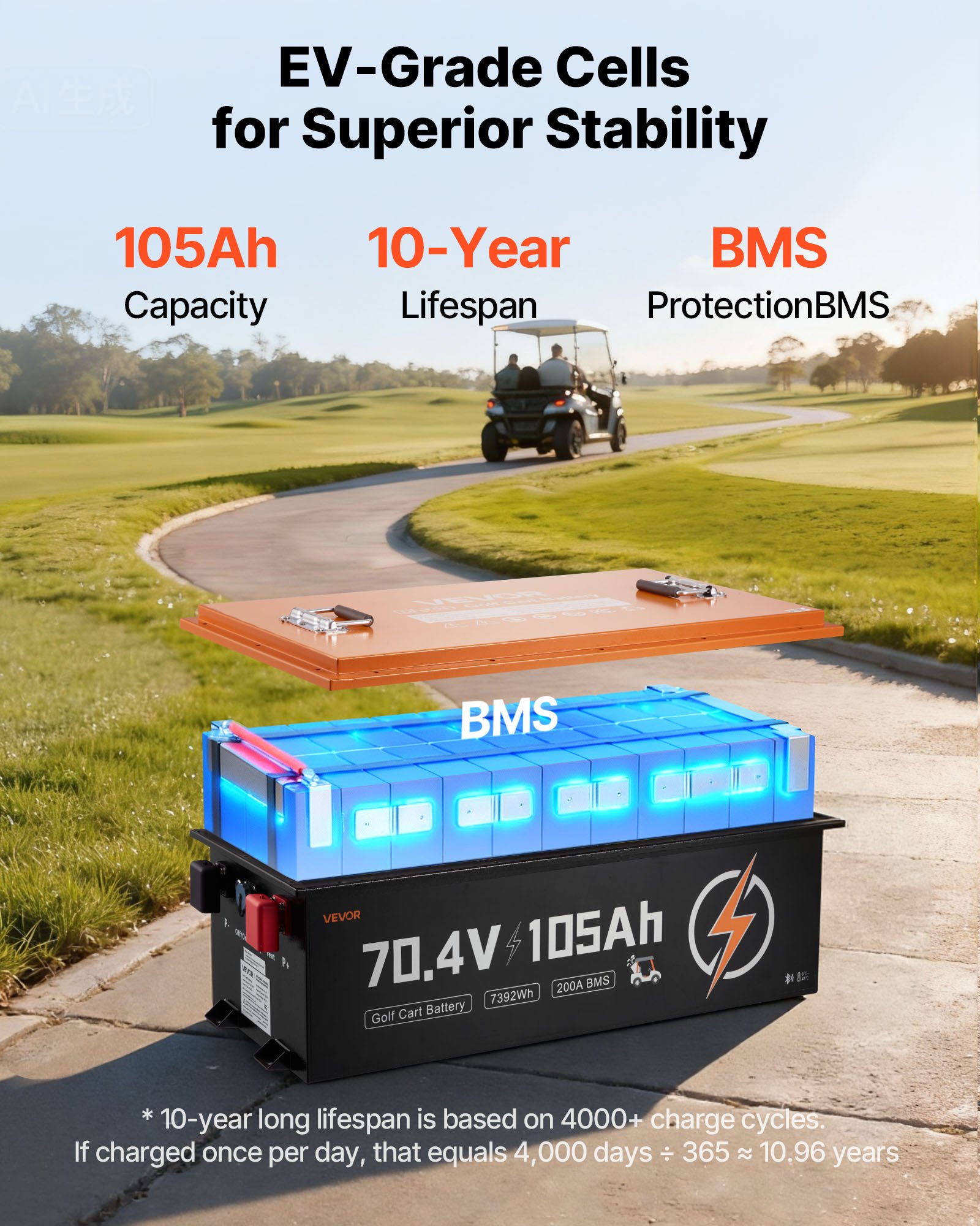 72V (70.4V) 105AH Lithium Golf Cart Battery, With 15A Charger, Lifepo4 Battery Kit, Built-in 200A BMS, With Bluetooth & Touch Monitor, 2C Discharge, 4000 Cycles, For Golf Carts, Trolling Motors