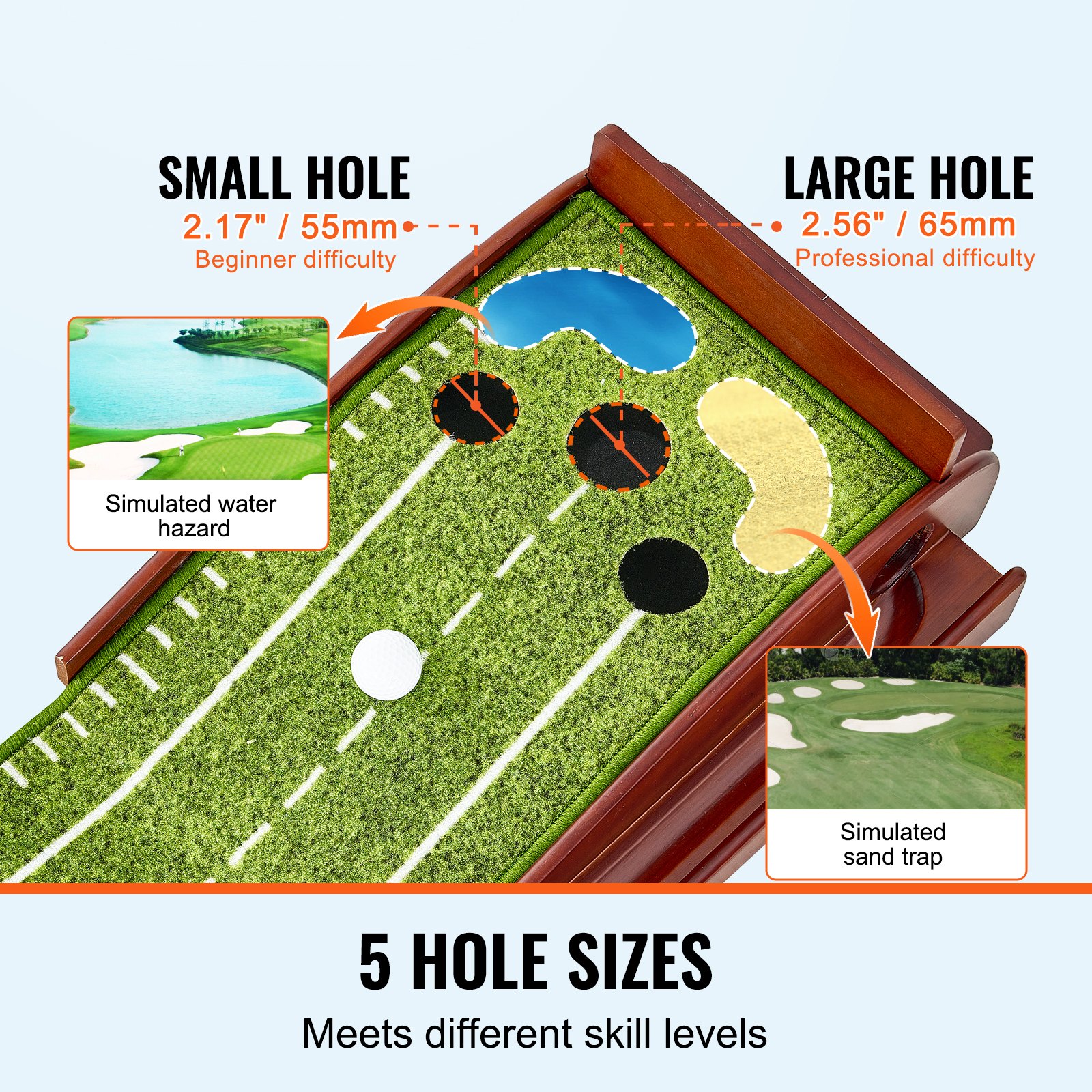 Golf Putting Mat, 5 Hole Indoor Golf Putting Green, Wrinkle-Free Golf Training Aid, Mini Golf Set  With Auto-Ball Return, Alignment Guide, 3 Ball, Wood Base, Game Practice Gift For Home Offic