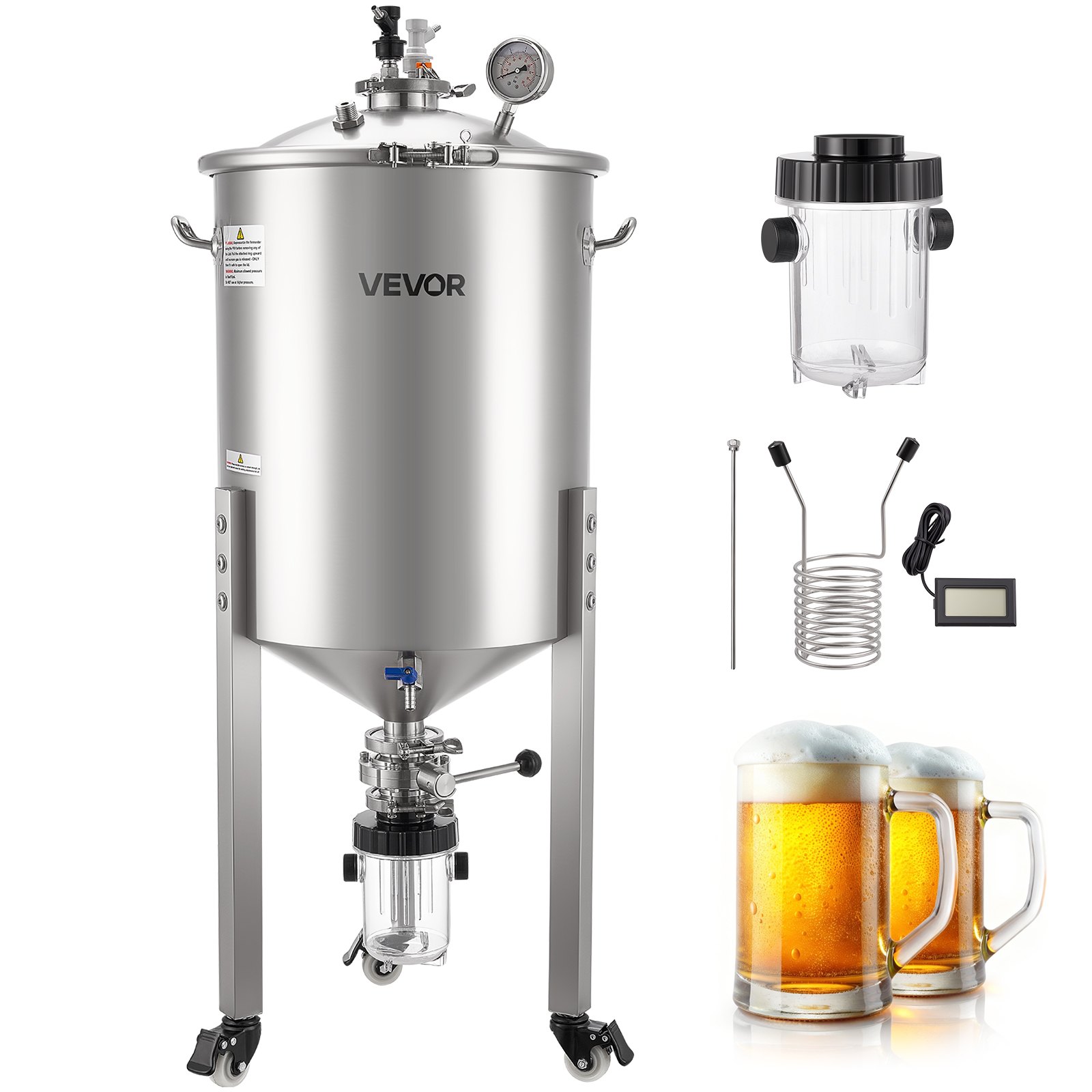 Pressure Fermenter 15 PSI, 16 Gal/60L All-in-One Stainless Steel Conical Secondary Fermentation Bucket, With Cooling Tube, Yeast Slurry Collection Bottle, For Wine, Beer Brewing Eq