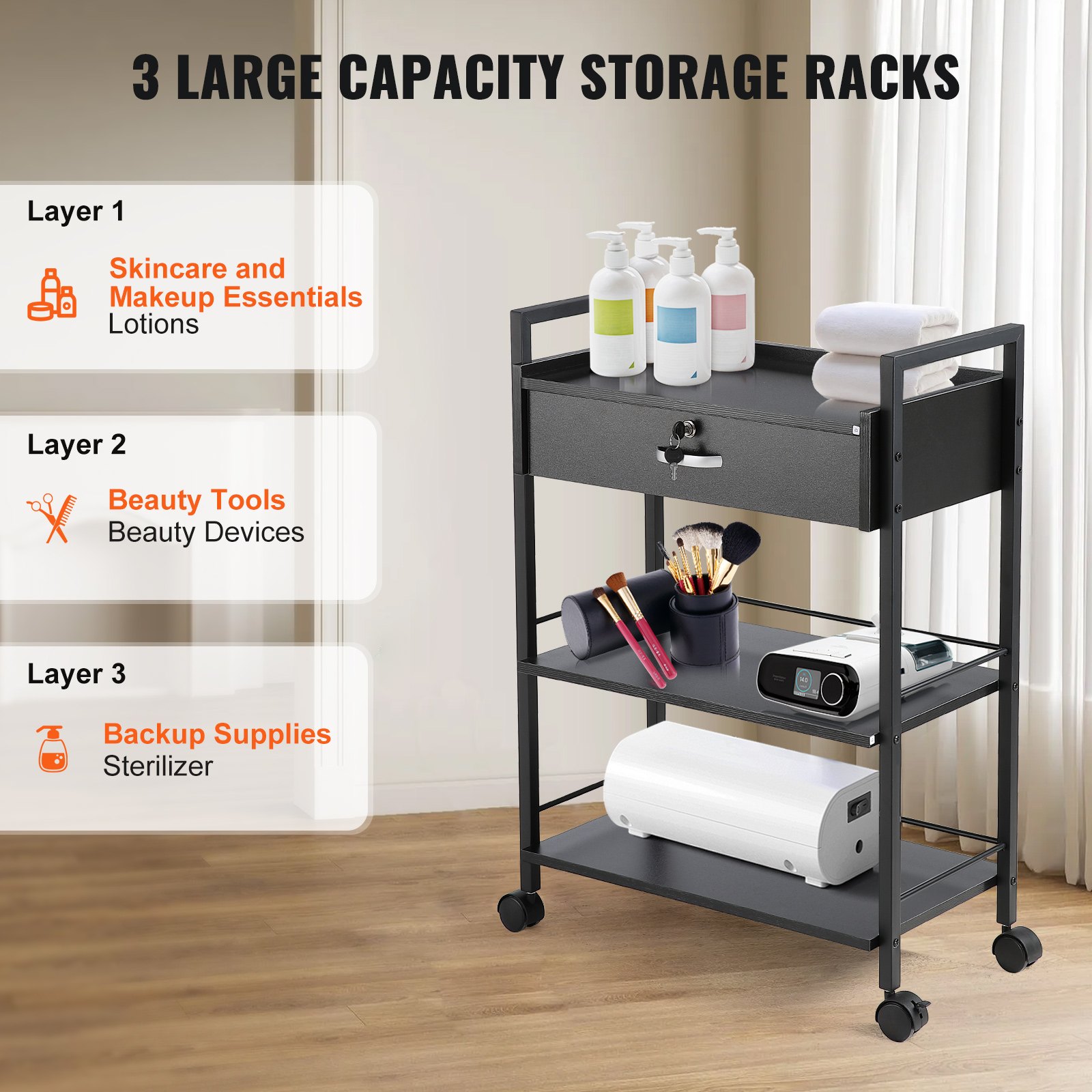 Beauty Salon Trolley Cart, 3-Tier Hair Salon Stations Cabinet For Stylist With Lockable Drawer, MDF Rolling Storage Station With 4 Wheels (2 Lockable) For Beauty SPA Barbershop Tattoo