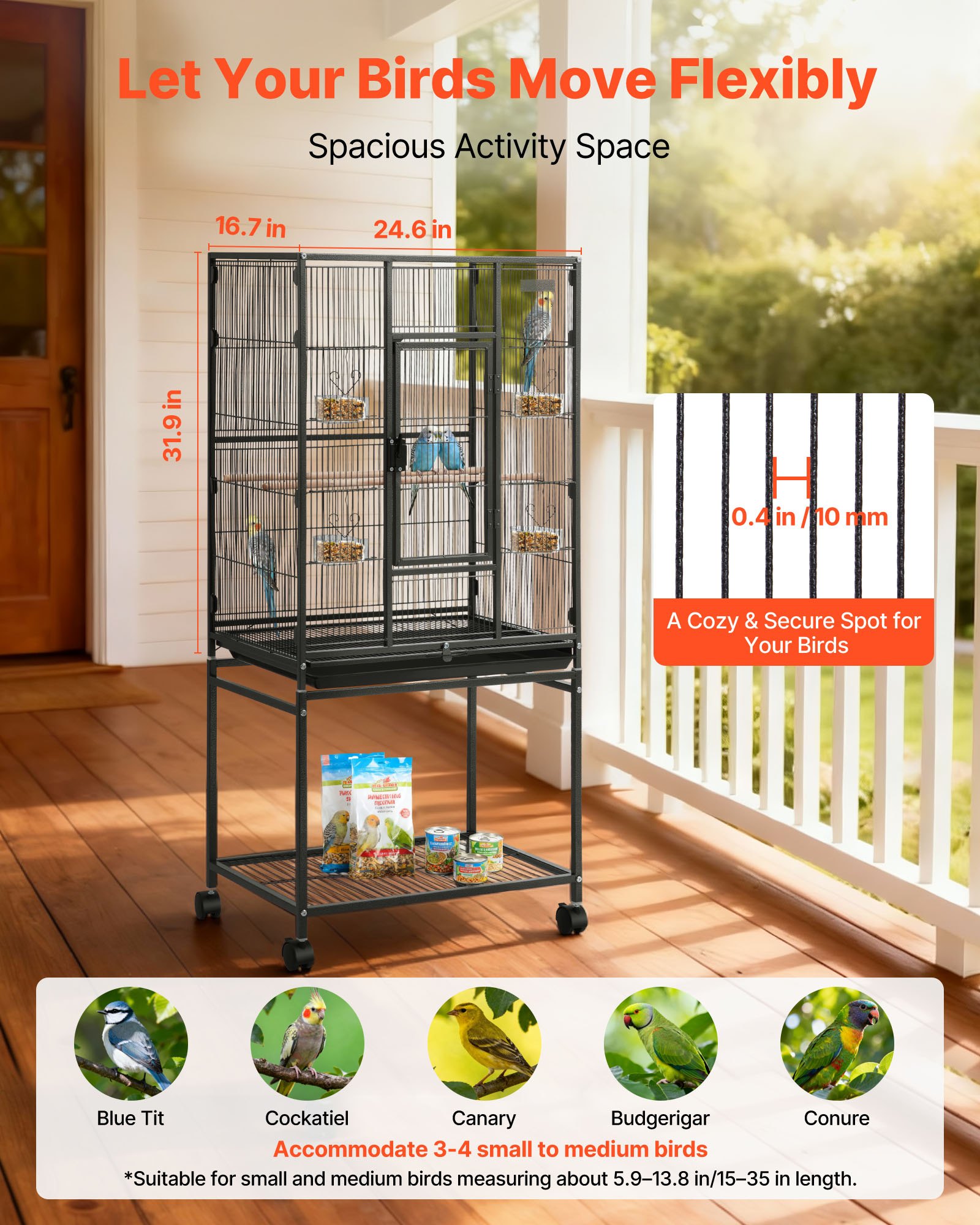 Bird Cage, , Flat Top, Wrought Iron Bird Flight Cage With Perches, Slide-Out Tray And Plastic Feeders, Casters, For… - 3