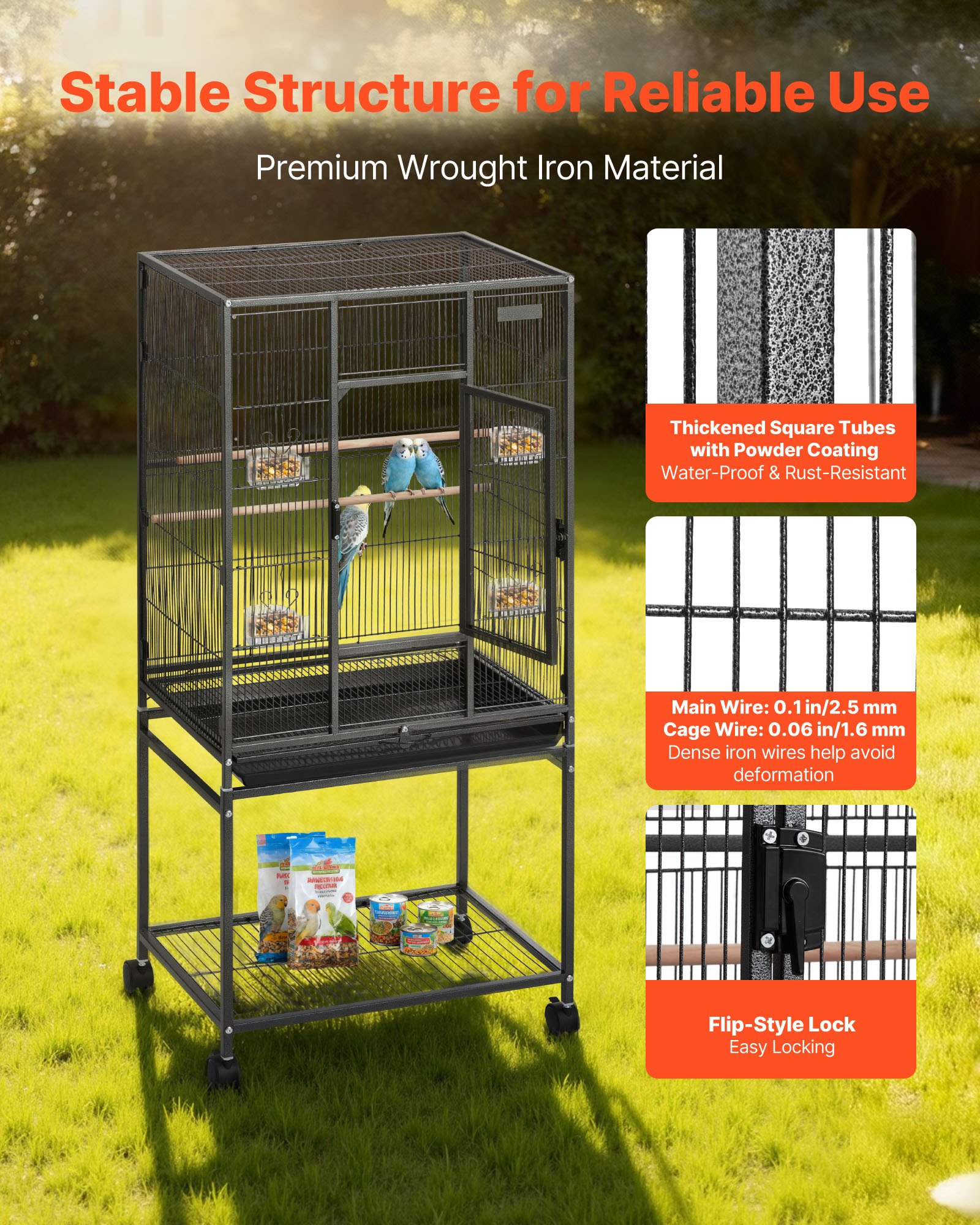 Bird Cage, , Flat Top, Wrought Iron Bird Flight Cage With Perches, Slide-Out Tray And Plastic Feeders, Casters, For… - 4