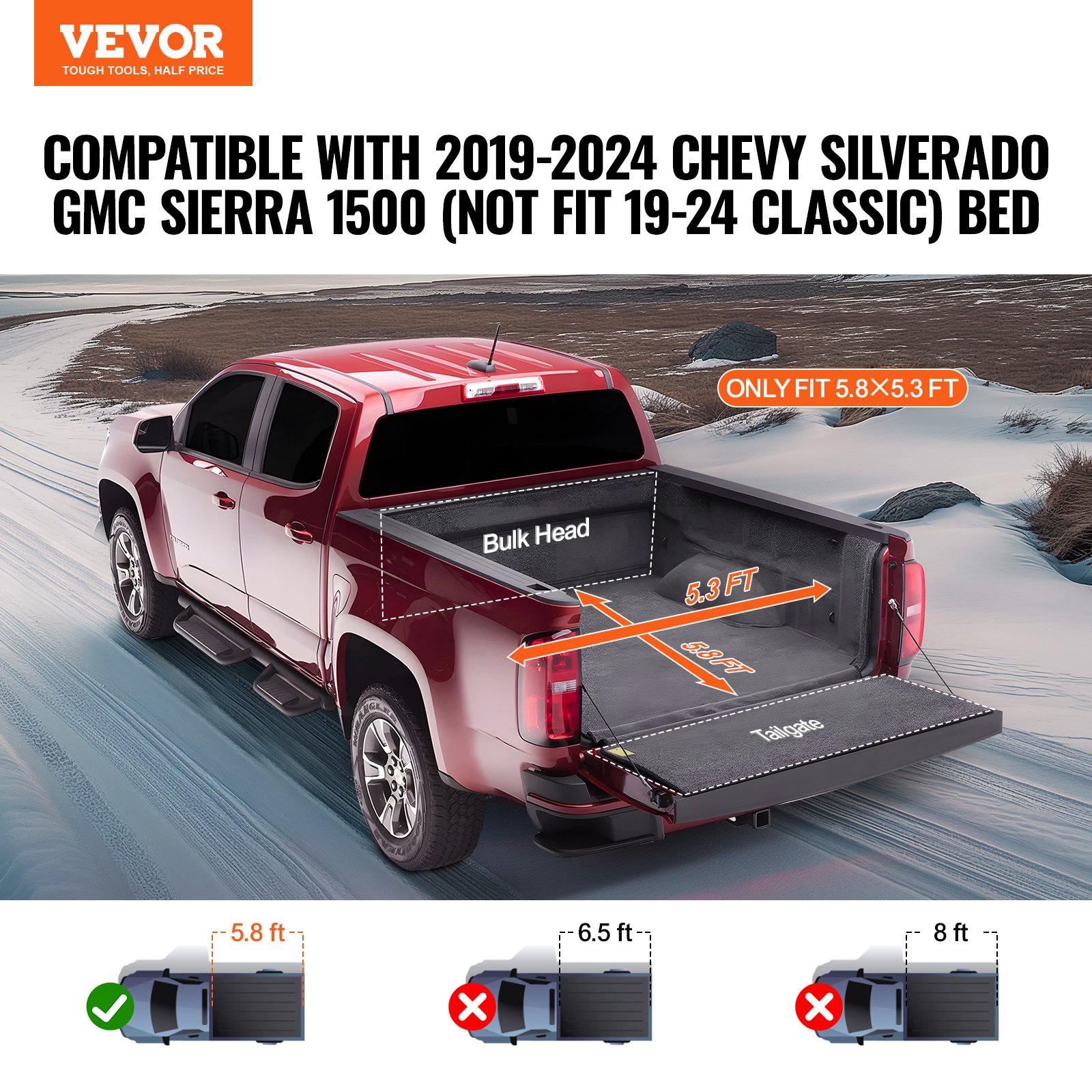 2019-2024 GMC Sierra 1500 roll-up truck bed cover by Vevor shown from rear three-quarter view