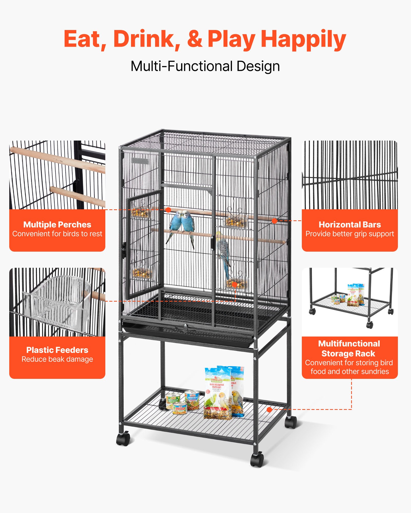 Bird Cage, , Flat Top, Wrought Iron Bird Flight Cage With Perches, Slide-Out Tray And Plastic Feeders, Casters, For… - 5