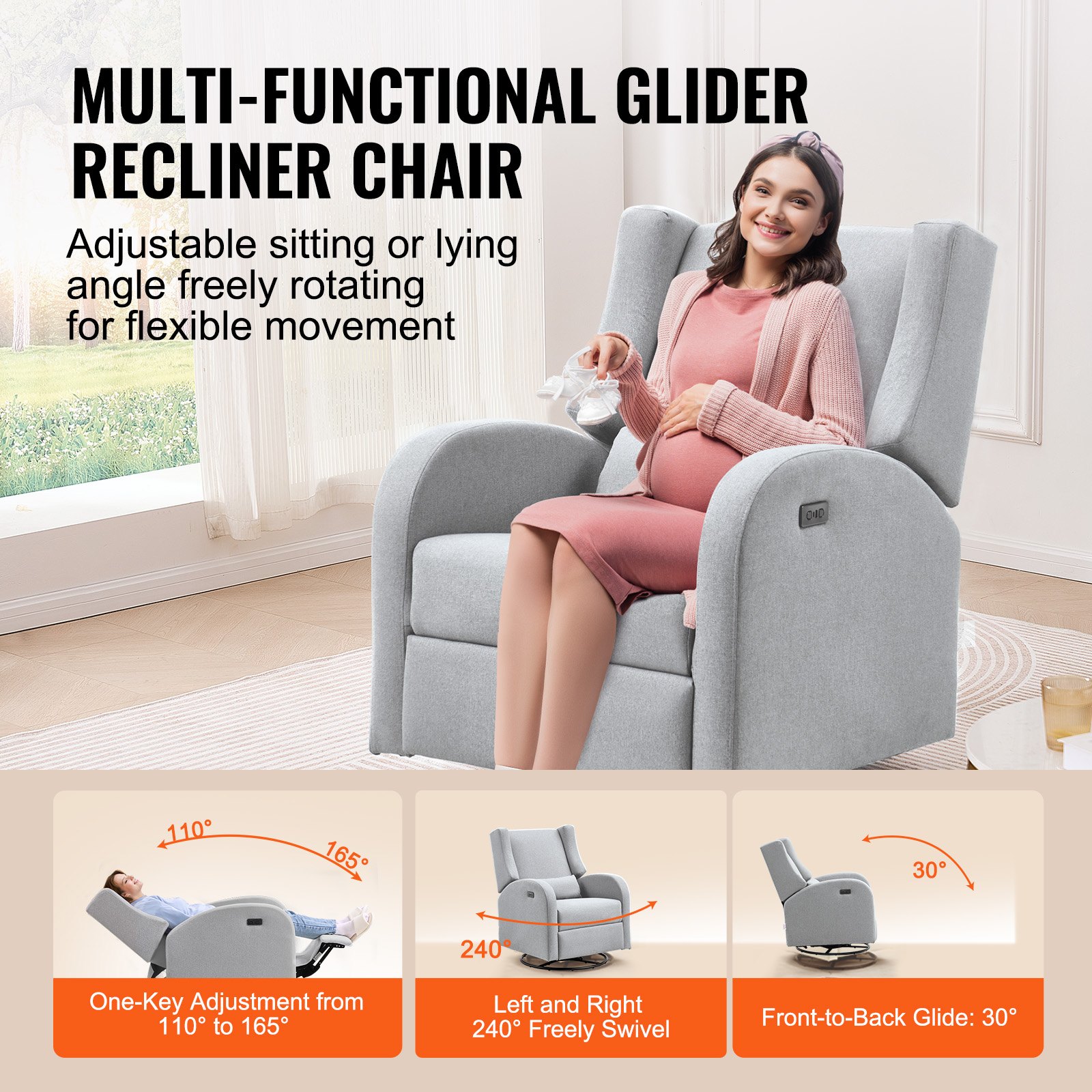 Electronic Power Recliner And Swivel Glider, 250 Lbs Weight Capacity Swivel Glider Recliner Chair With USB Port, Polyester Surface Swivel Rocker Recliner  For Living Room, Bedroom, Light Gray