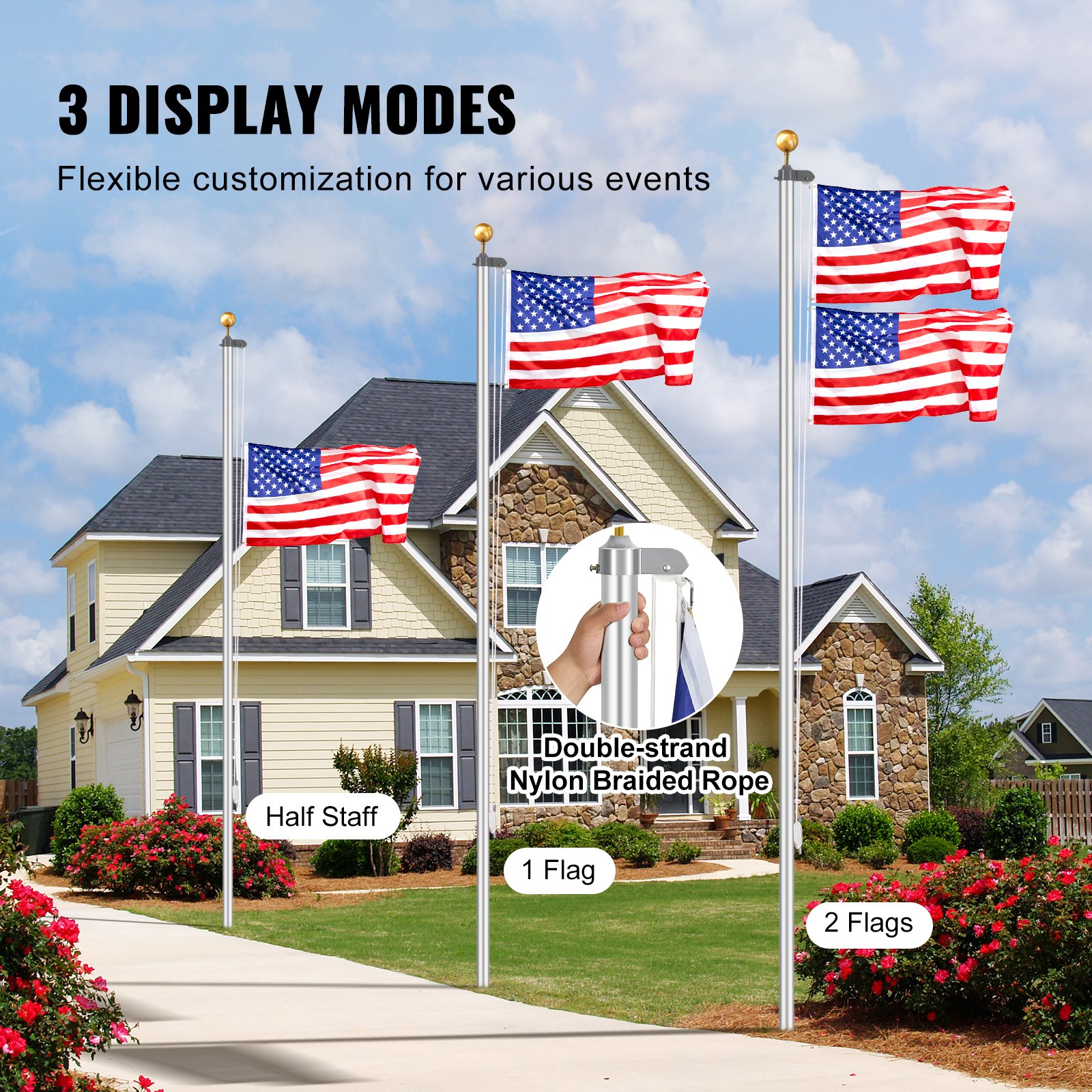 20FT Sectional Flag Pole Kit, Heavy Duty Aluminum Alloy In Ground Flag Poles For Outside, 3 Display Modes Flagpole With 3x5 American Flag, Professional Accessories, Silver