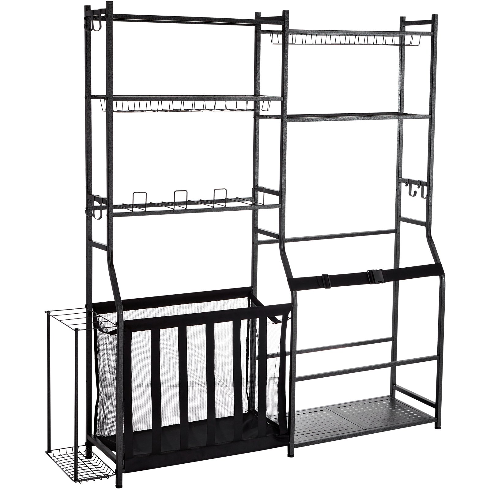 Golf Storage Garage Organizer, 2 Golf Bag Storage Stand Holder And Other Sports Equipment Storage Rack, Outdoor Steel Ball Cart, Sports Gear And Toys Storage Shelves With Baskets & Hooks, Black - Image 1