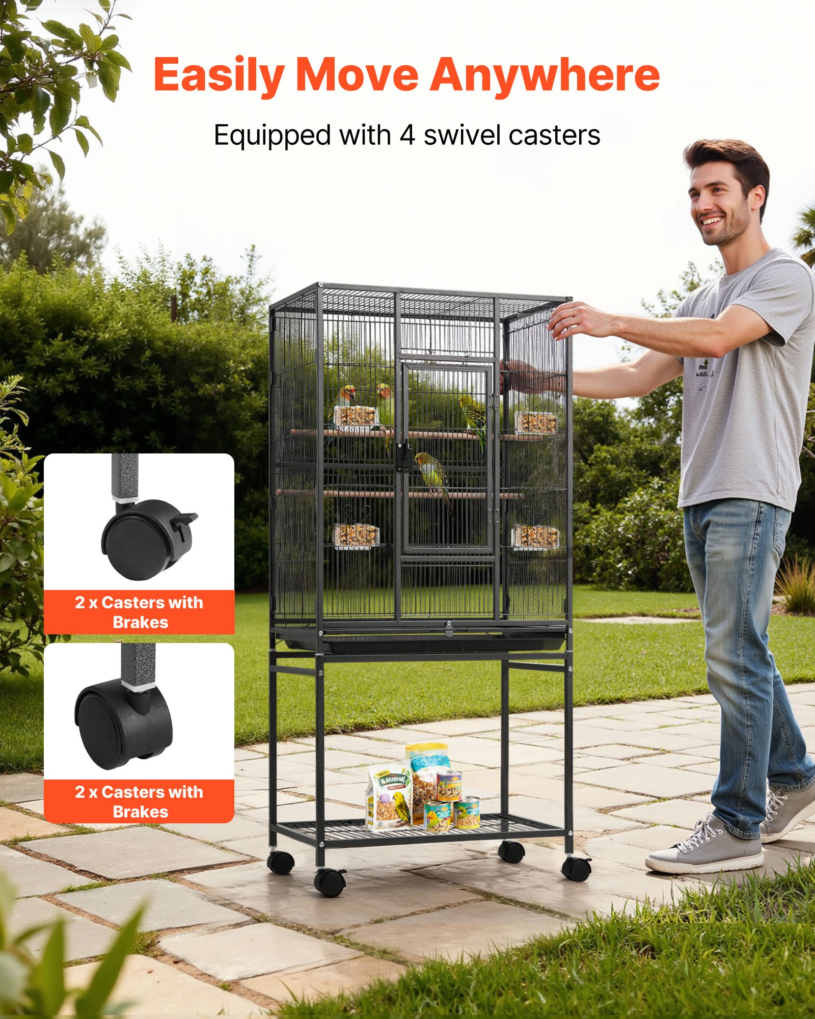 Bird Cage, , Flat Top, Wrought Iron Bird Flight Cage With Perches, Slide-Out Tray And Plastic Feeders, Casters, For… - 6