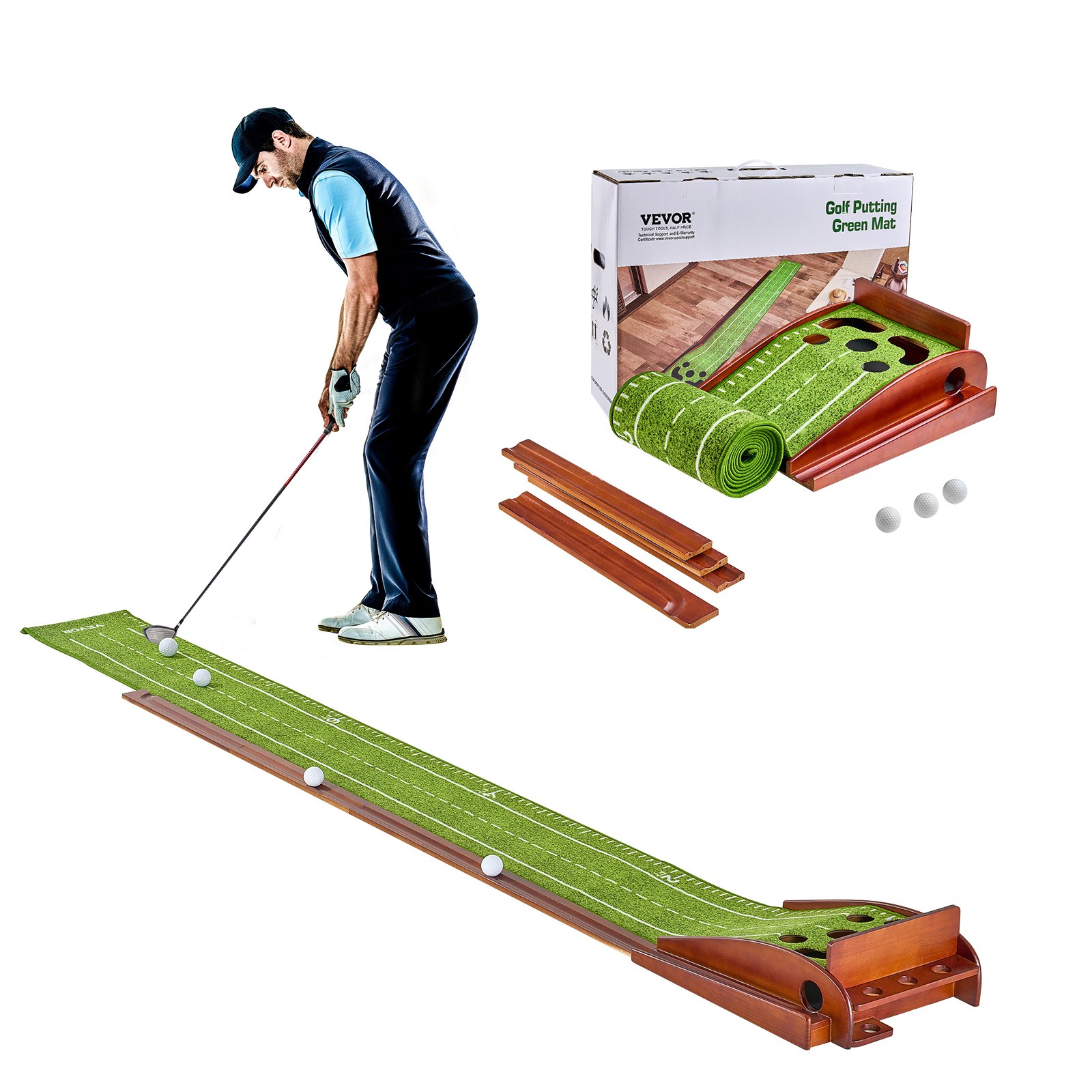 Golf Putting Mat, 5 Hole Indoor Golf Putting Green, Wrinkle-Free Golf Training Aid, Mini Golf Set  With Auto-Ball Return, Alignment Guide, 3 Ball, Wood Base, Game Practice Gift For Home Offic - Image 1