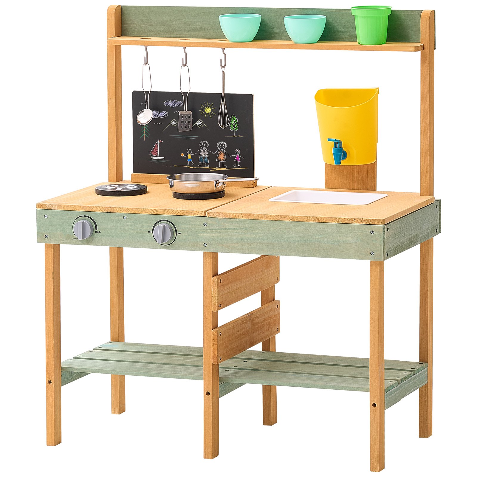 Mud Kitchen For Kids, Wooden Toy Play Kitchen Set, Outdoor Toddler Grocery Store Playset, Pretend Play Kitchen With Planter Box, Stoves, Tank, Faucet, Blackboard, Cookware Pots And Accessories - Image 1