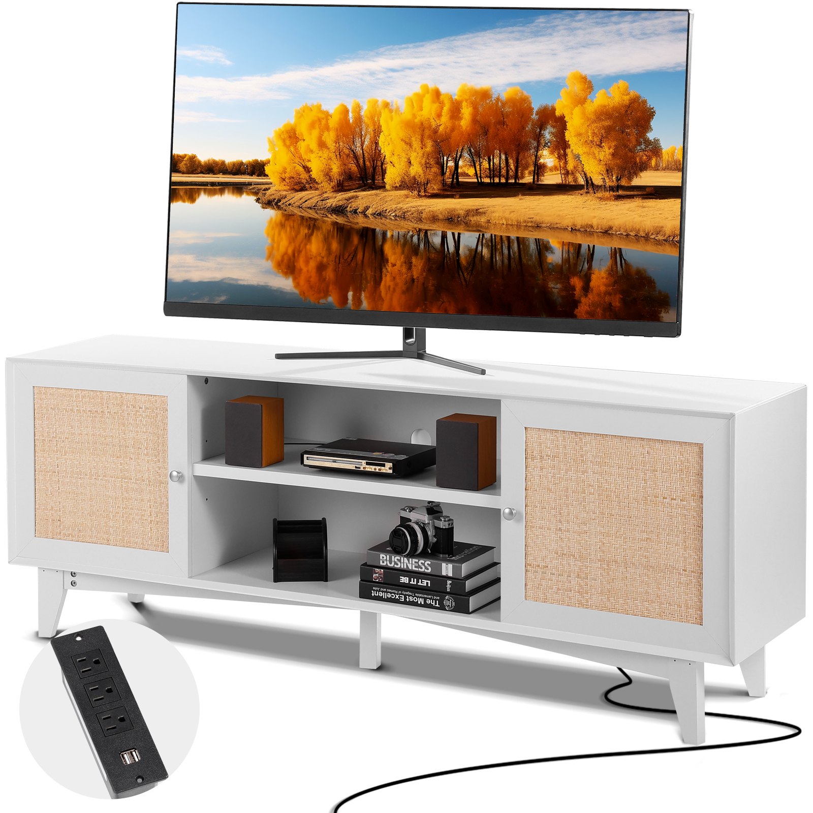 Super Bowl Ready Extra Large TV Stand For 75in TV, Boho TV Stand With Rattan Doo