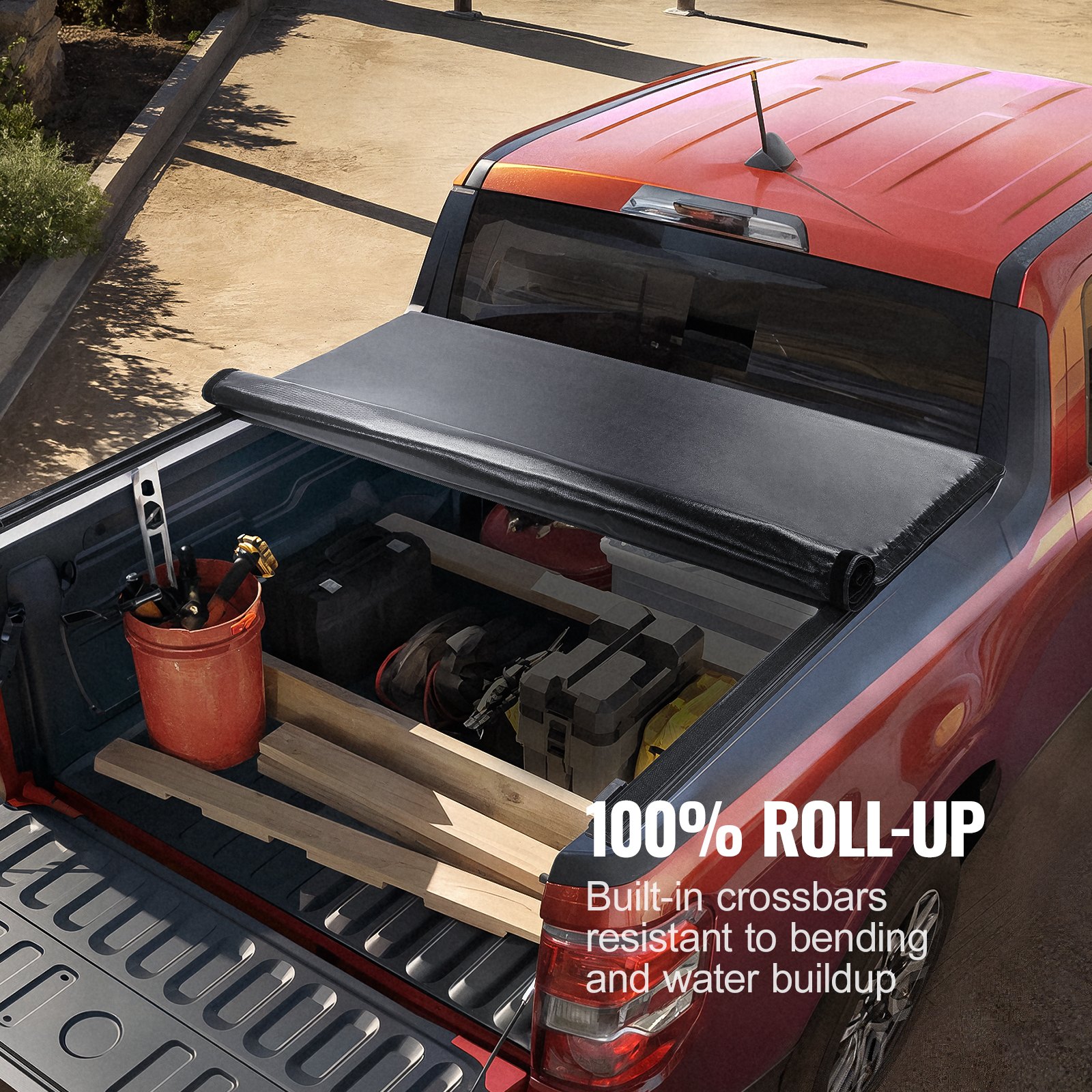 Close-up of Vevor PVC tonneau cover latch and seal on Silverado 1500 truck bed rail