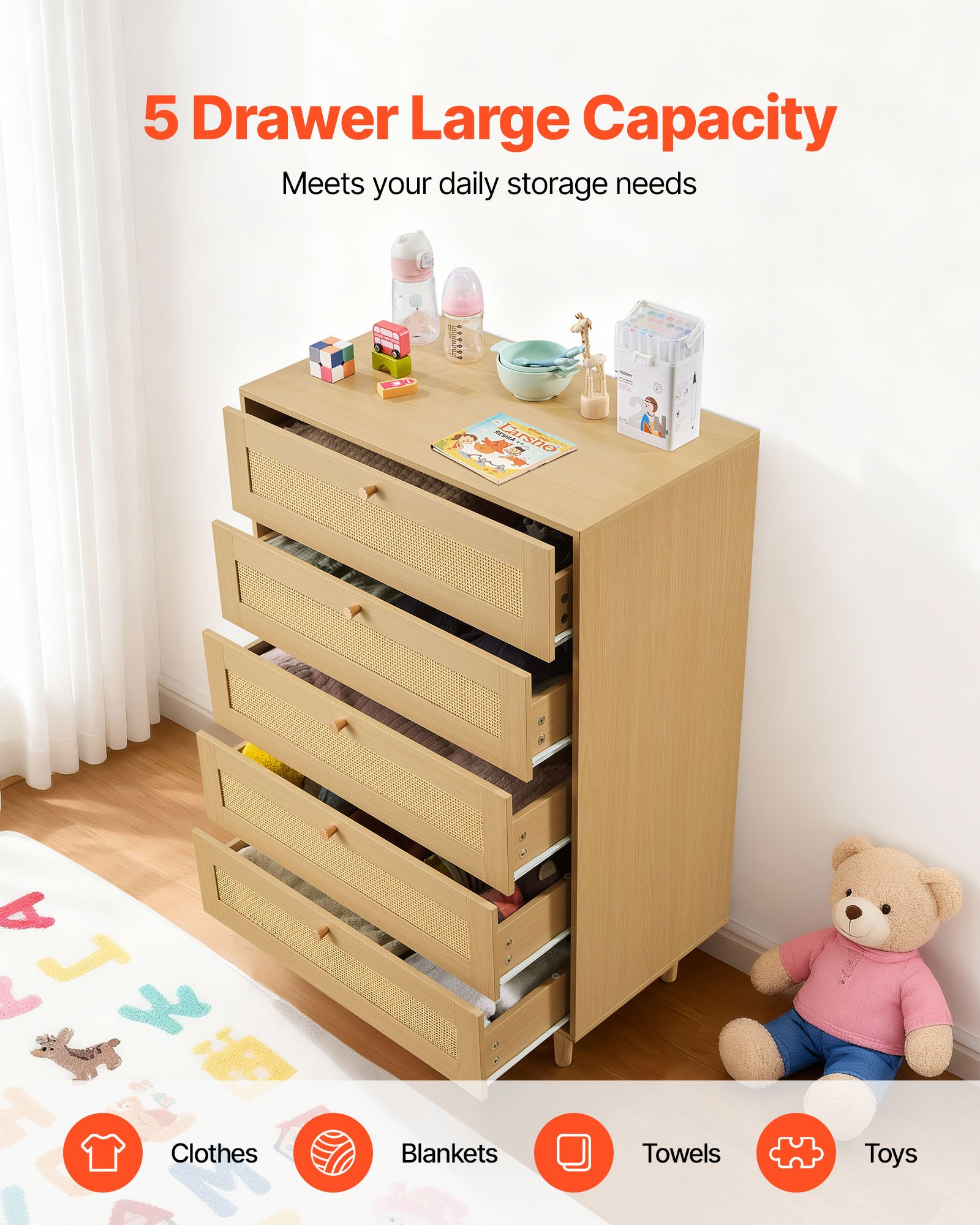 5 Drawer Rattan Dresser — Modern Closet Dresser for Bedroom — photo 3