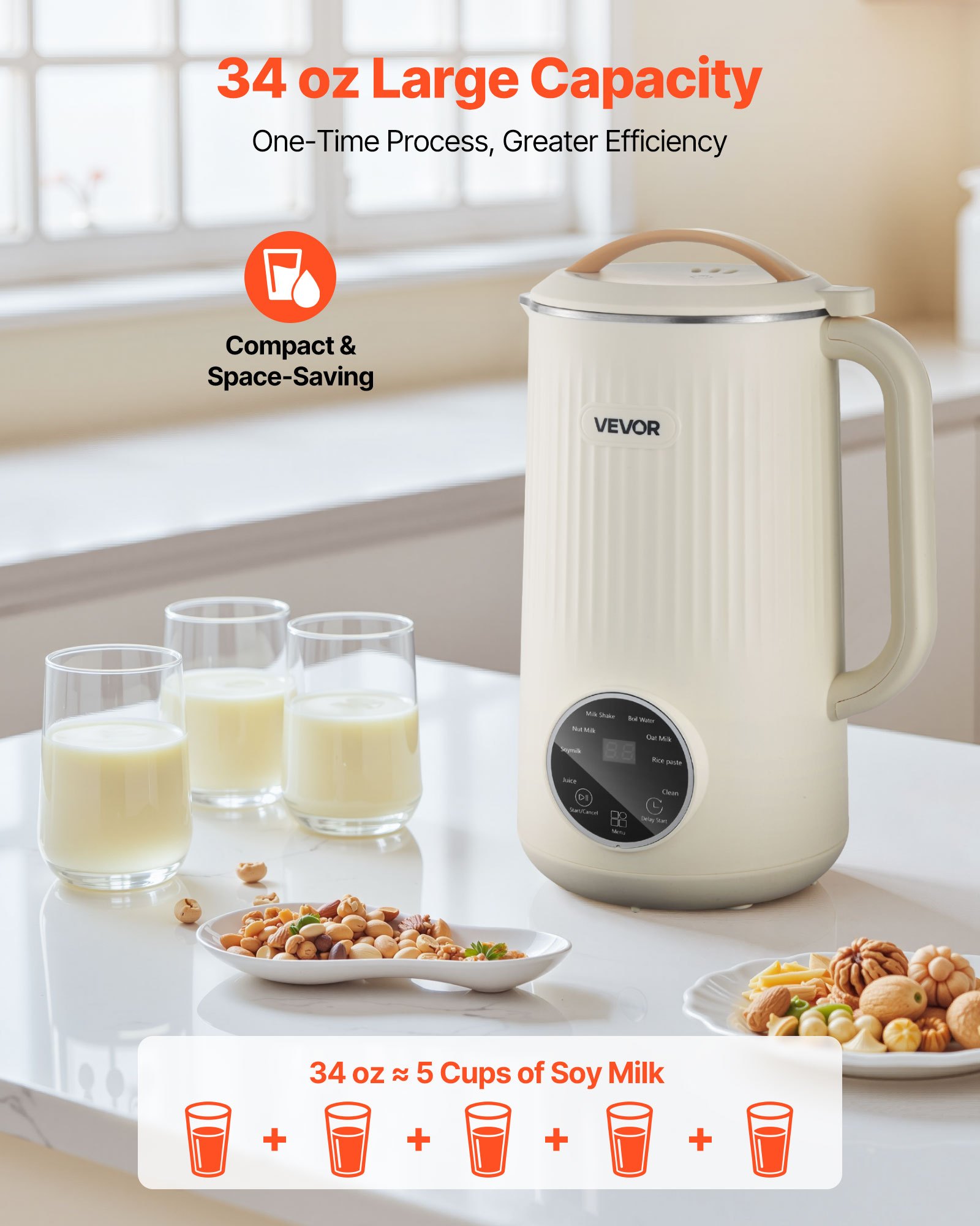 8-in-1 Nut Milk Maker, 34 Oz Soy Milk Maker With 180W Blending, For Homemade Oat, Nut, Soy, Juice, Milkshake, Rice Cereal, Plant-Based Beverages With Self-Cleaning, Boil Water, 12-Hour Delay - Image 4