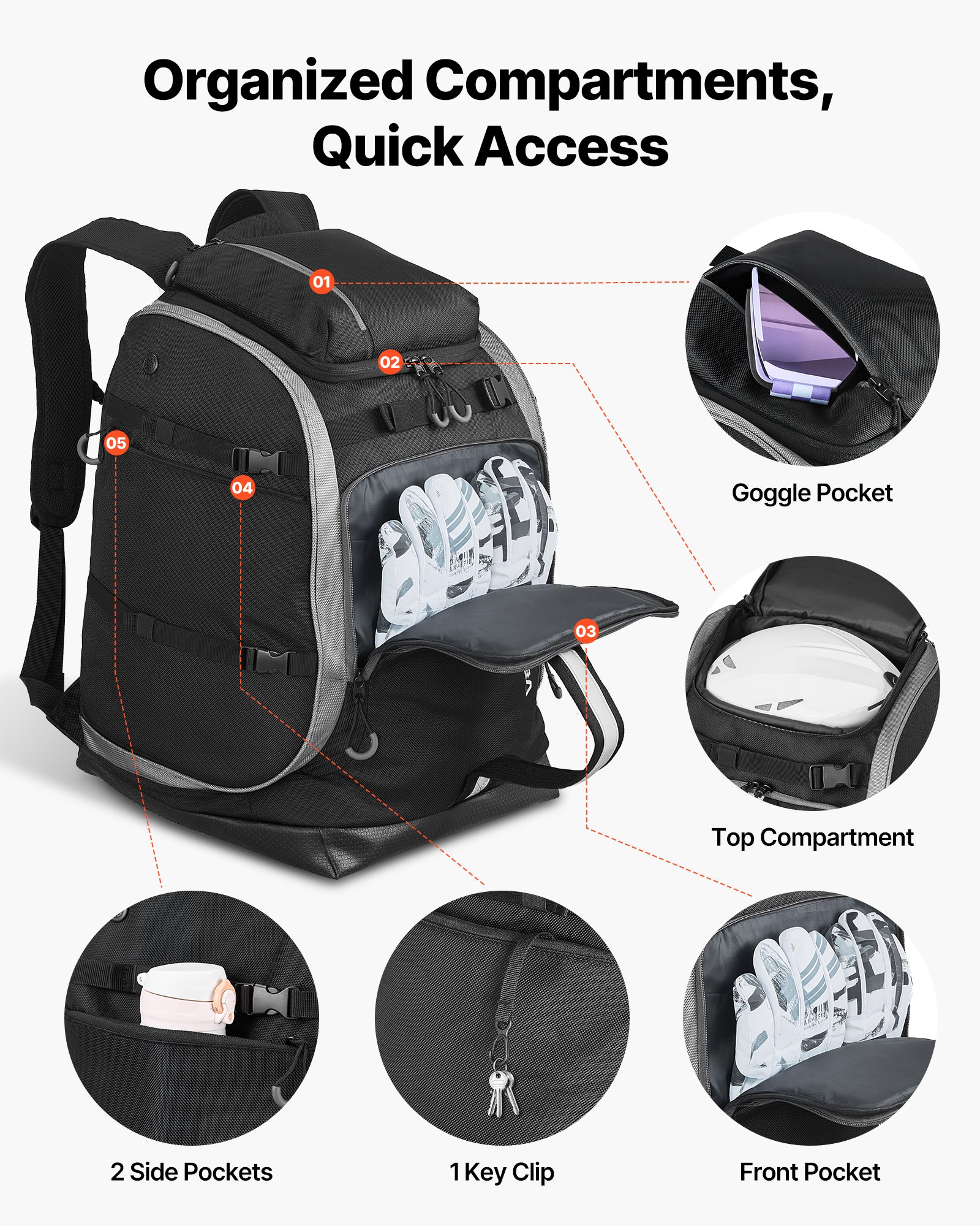 Ski Boot Bag, 65L, Snowboard Boots Travel Backpack For Men Women, With Waterproof Exterior & Bottom, Durable 1680D Oxford, Bag For Skis, Snowboard, Helmet, Goggles, Gloves, Accessories (Black).