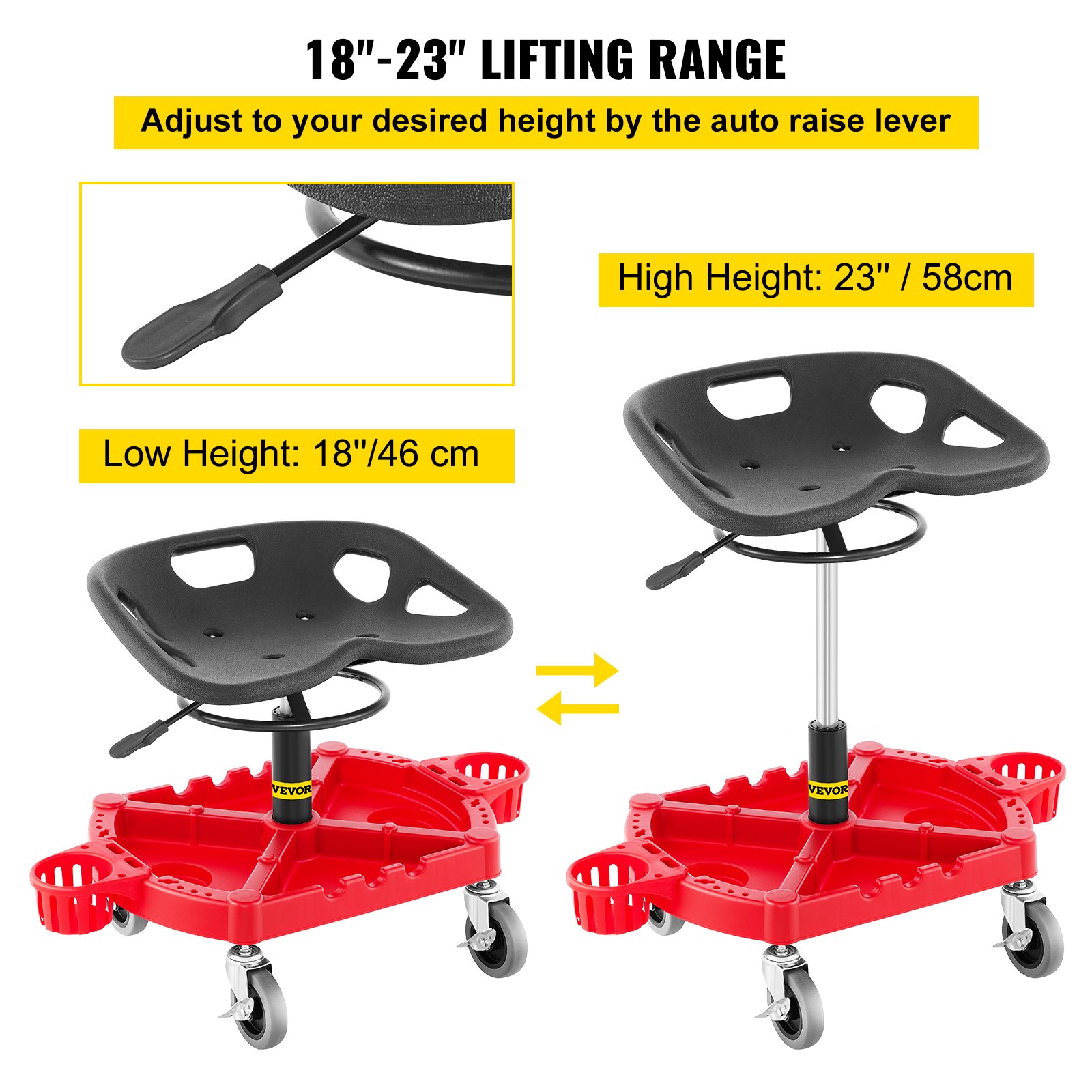 Rolling Garage Stool, 300LBS Capacity, Adjustable Height From 18 In To 23 In, 360-degree Swivel Wheels (4\"), Large Tool Tray With Two Bottle Holder, For Workshop, Auto Repair Shop, Red