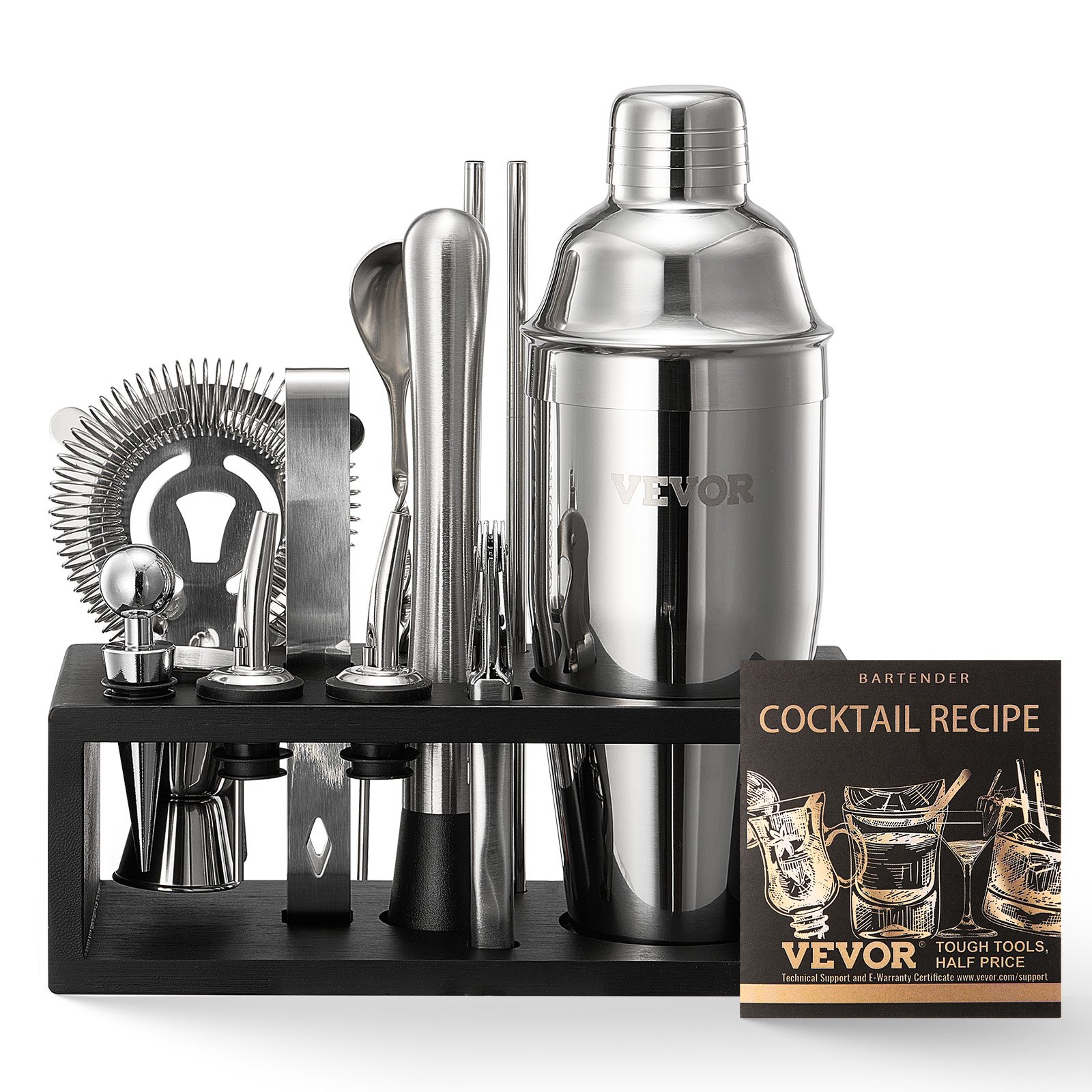 Cocktail Shaker Set, 13-Piece Stainless Steel Bar Tools With Bamboo Stand, Martini Bartender Kit Accessories | Mixer Spoon, Muddler, Jigger, Strainer, Liquor Pourers, Ice Tong, Corkscrew, Silver - Image 1