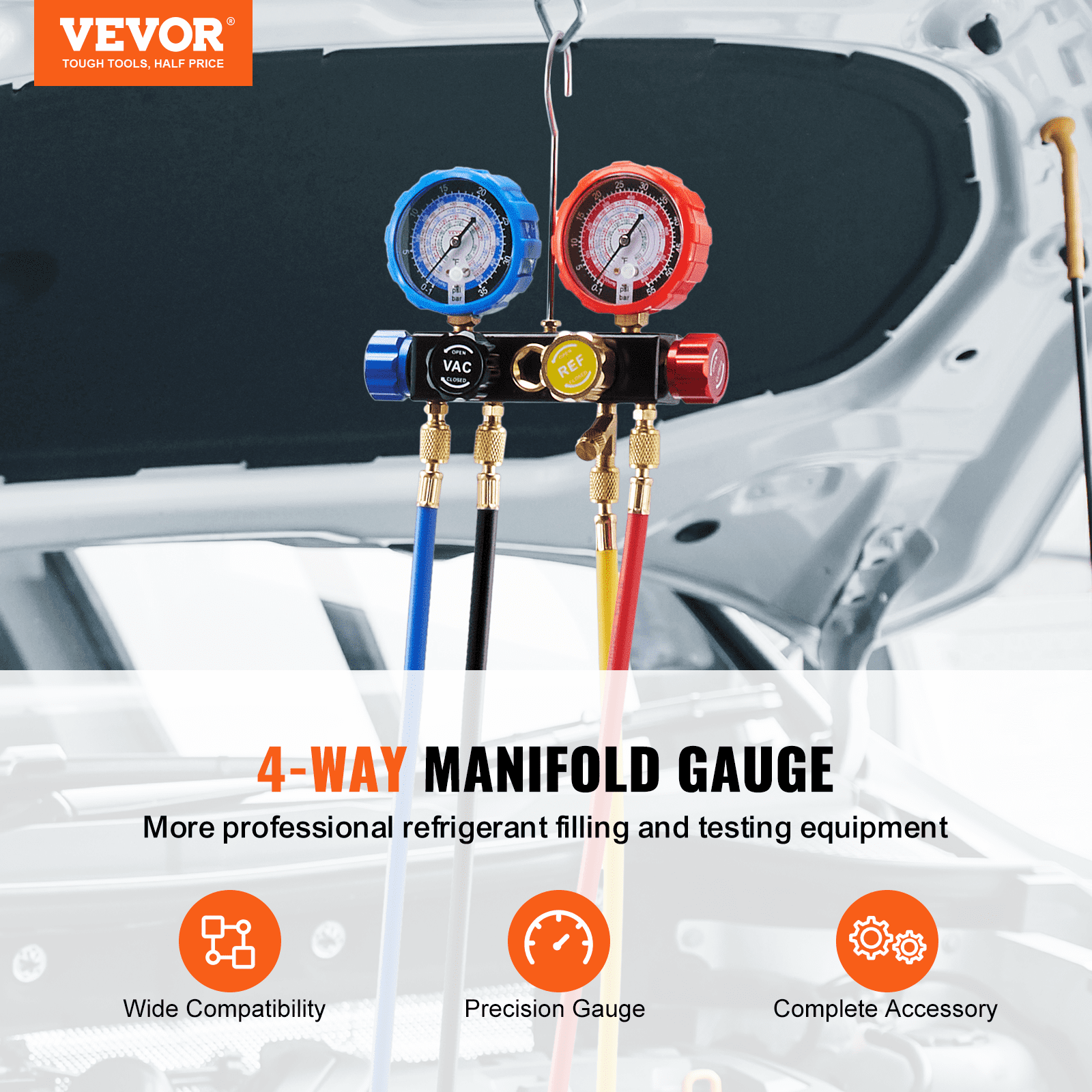 4 Way AC Gauge - AC Manifold Gauge Set For R134A R22 R12 R410A Refrigerant, Freon Gauges With 5ft Hoses, Couplers, Can Tap Works On Car Auto Freon Charging And Evacuation