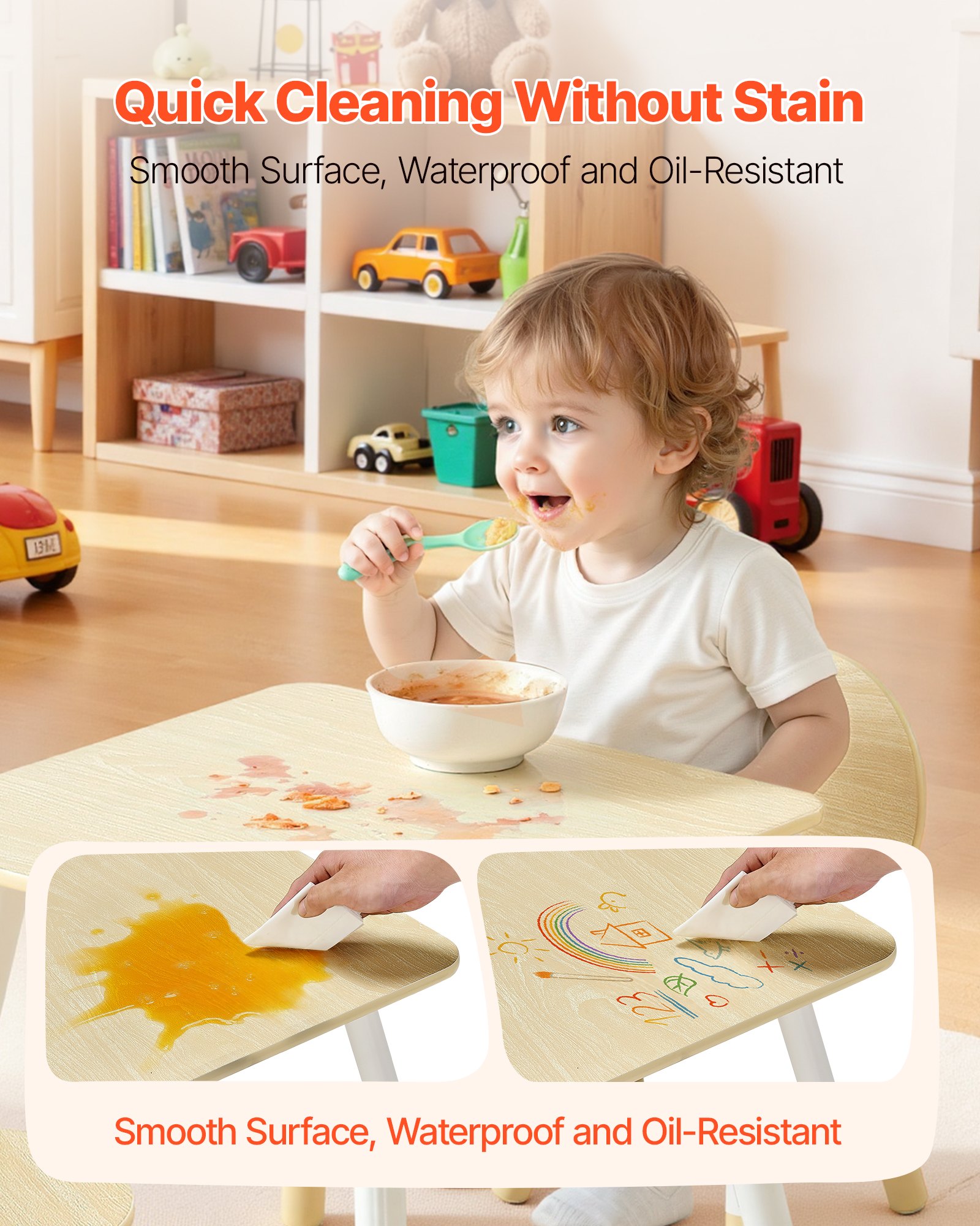 Kids Table And 2 Chairs Set, Toddler Table And Chair Set With Rounded Edge Design & Graffiti Desktop, Wooden Desk For Art, Craft, Reading, Learning, Drawing, Classroom/Daycare/Home, Burlywood_voghion.com