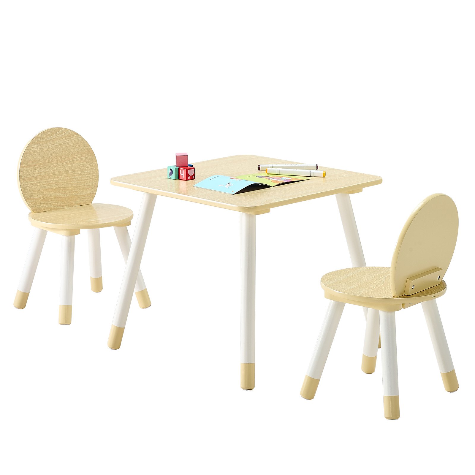 Kids Table And 2 Chairs Set, Toddler Table And Chair Set With Rounded Edge Design & Graffiti Desktop, Wooden Desk For Art, Craft, Reading, Learning, Drawing, Classroom/Daycare/Home, Burlywood_voghion.com