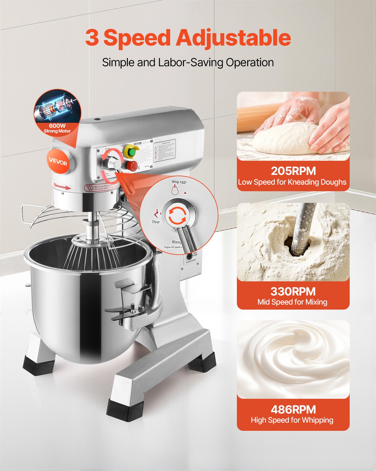 Commercial Food Mixer 15Qt 600W 3 Speeds Adjustable 110/178/390 RPM Heavy Duty 110V With Stainless Steel Bowl Dough Hooks Whisk Beater Premium For Schools Bakeries Restaurants Pizzerias image 3