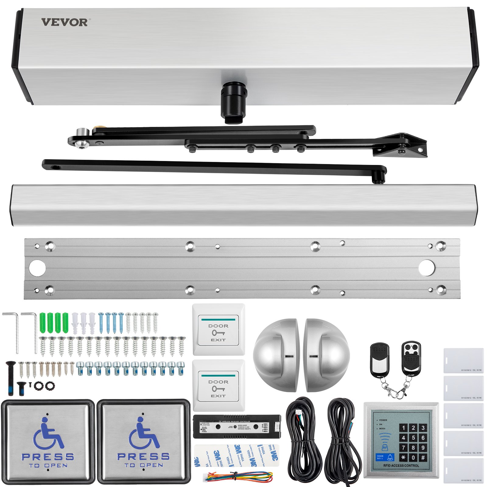 Automatic Door Opener, 100-240V For Max.220lbs Doors, Swing Door Operator For Disabilities With 2 Wireless Remotes, Keypad, 2 Exit Buttons, 5 ID Cards, 2 Stainless Steel Push Buttons, CE Listed
