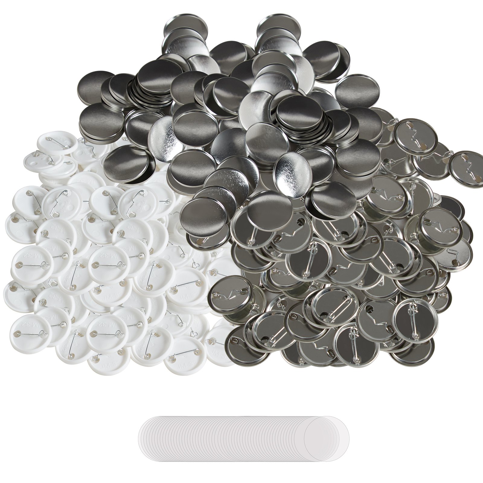 500 Sets 1.25 Inch 32mm Pin Back Button Parts, DIY Round Button Badge Parts, Set Includes Metal Top, Plastic/Metal Button, Clear Film, And Blank Paper For Gifts Presents, Machine NOT Included - Image 1