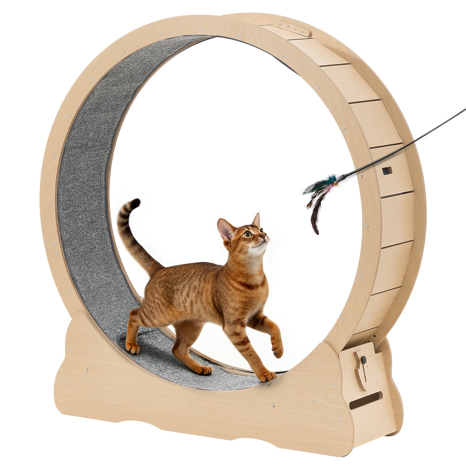 Cat Exercise Wheel, 48 In Wooden Cat Running Wheel For Indoor Cats Up To 28 Lbs, Cats Treadmill With Carpeted Runway & Locking Mechanism, Quiet Roller Kitten Sport Toys For Pets Fitness & Health - Image 1