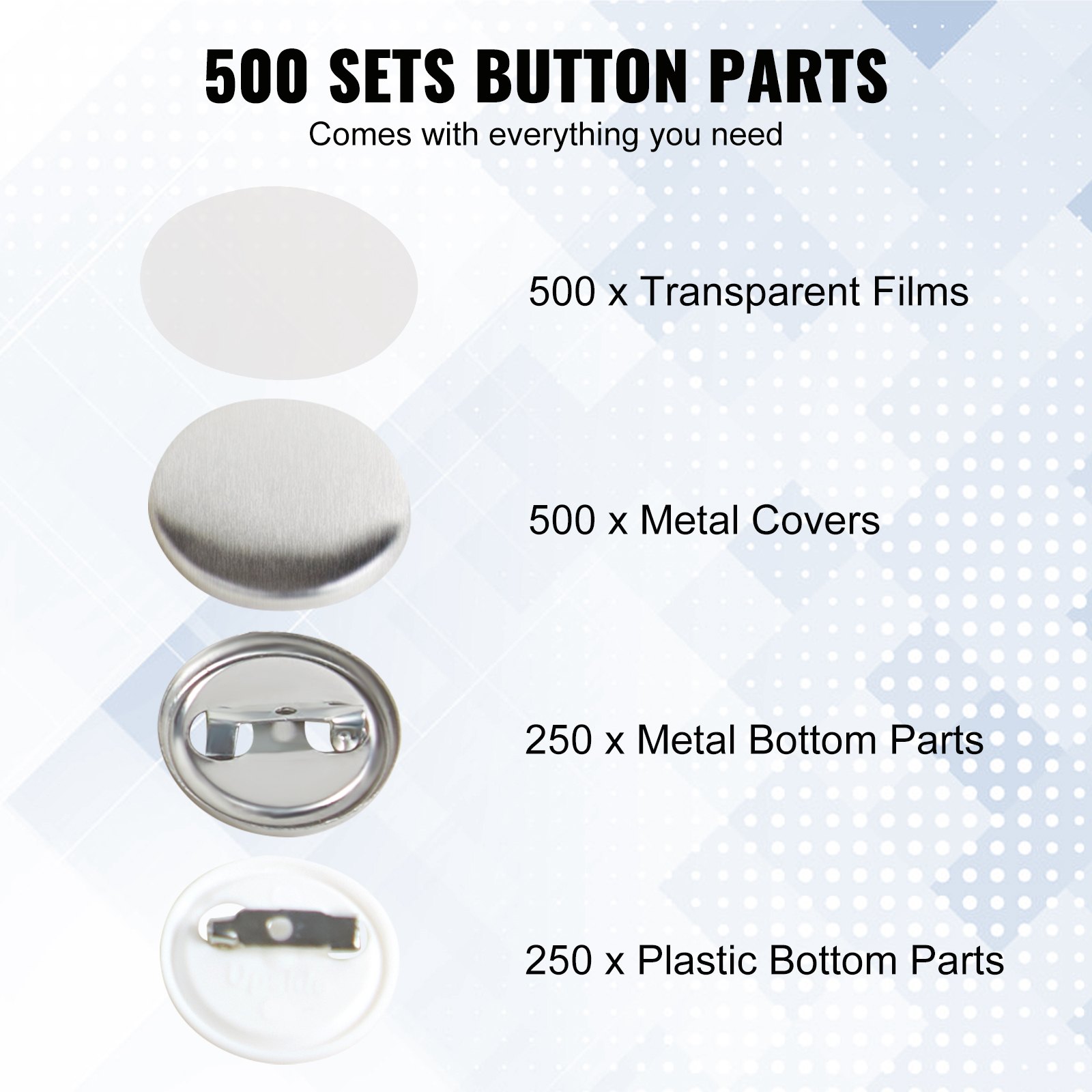 500 Sets 1 Inch 25mm Pin Back Button Parts, DIY Round Button Badge Parts, Set Includes Metal Top, Plastic/Metal Button, Clear Film, And Blank Paper For Gifts Presents, Machine NOT Included