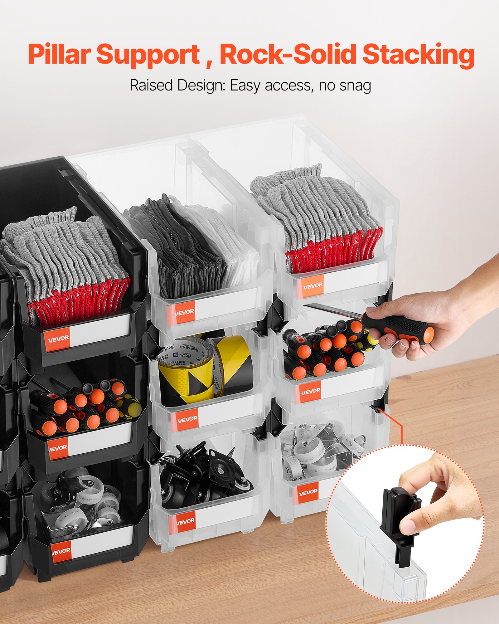 Plastic Stackable Storage Bins, 14.8 X 8.5 X 7.1 Inch (12 Pack), Plastic Containers For Organizing & Storage Bins For Garage, Small Parts, Office Supplies, Other Accessories, Black & Transparent