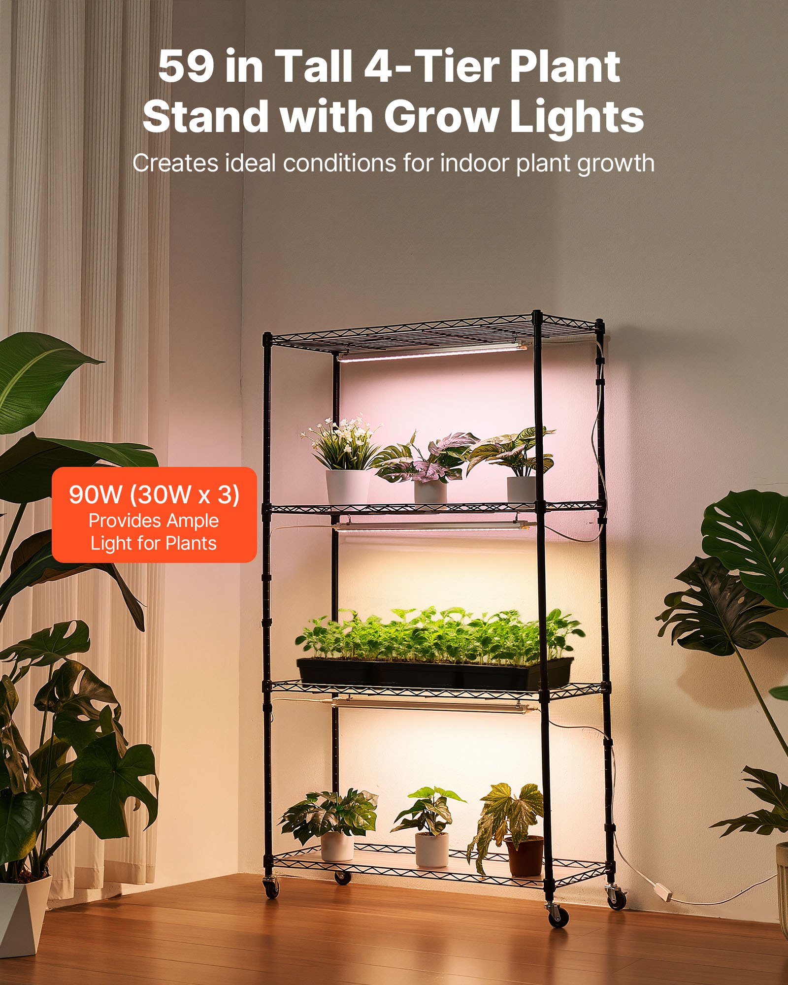 Plant Shelf With Grow Light, 4-Tier Indoor Plant Stand, 59in Tall Plants Display Rack With Wheels, 90W 3-Color Full Spectrum Grow Lights, Heavy Duty Metal Flower Pot Holder For Seed Starting image 5