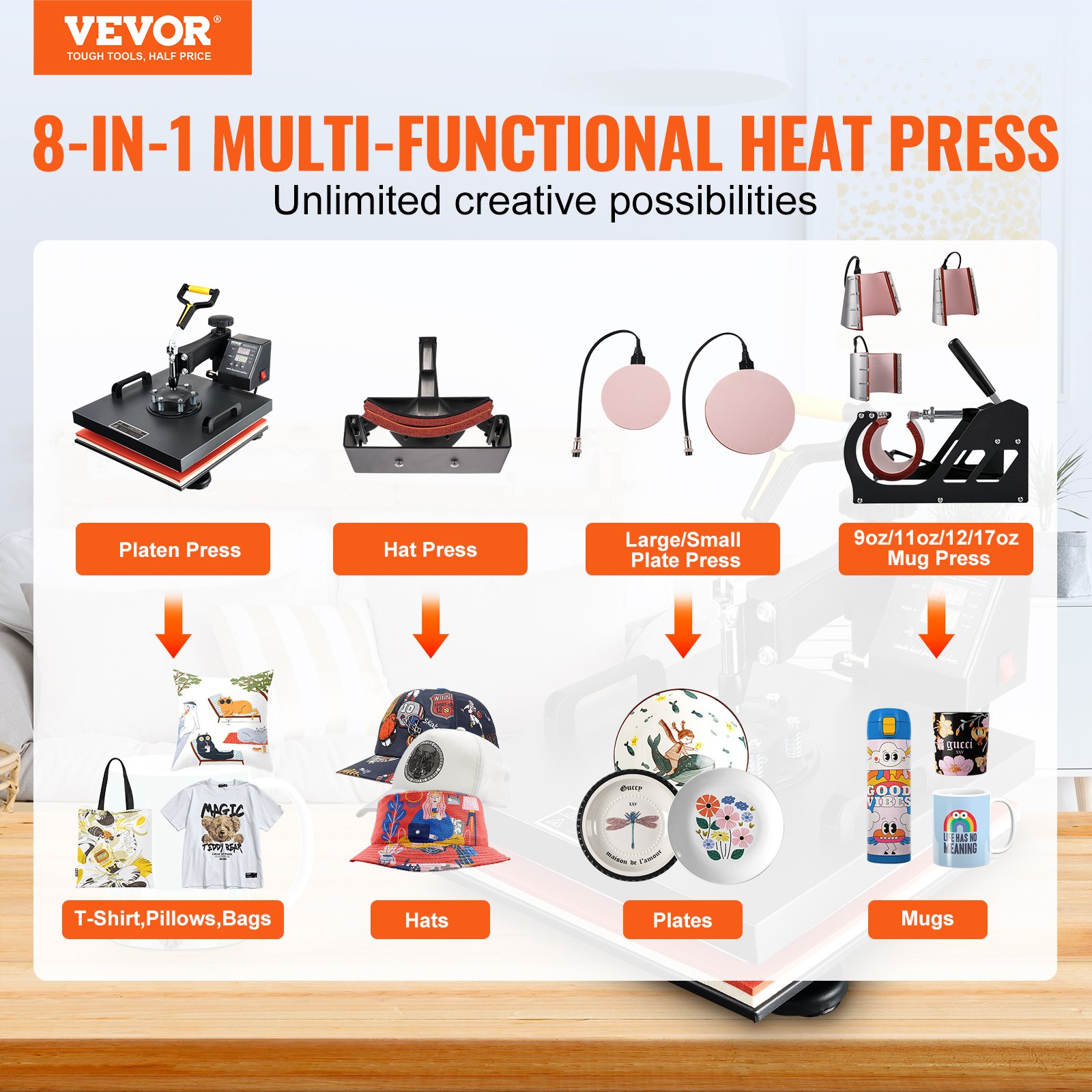 Heat Press Machine 8pcs 1050W Combo Digital Multifunctional Sublimation Heat Transfer Machine Dual LED Display For T… - 3
