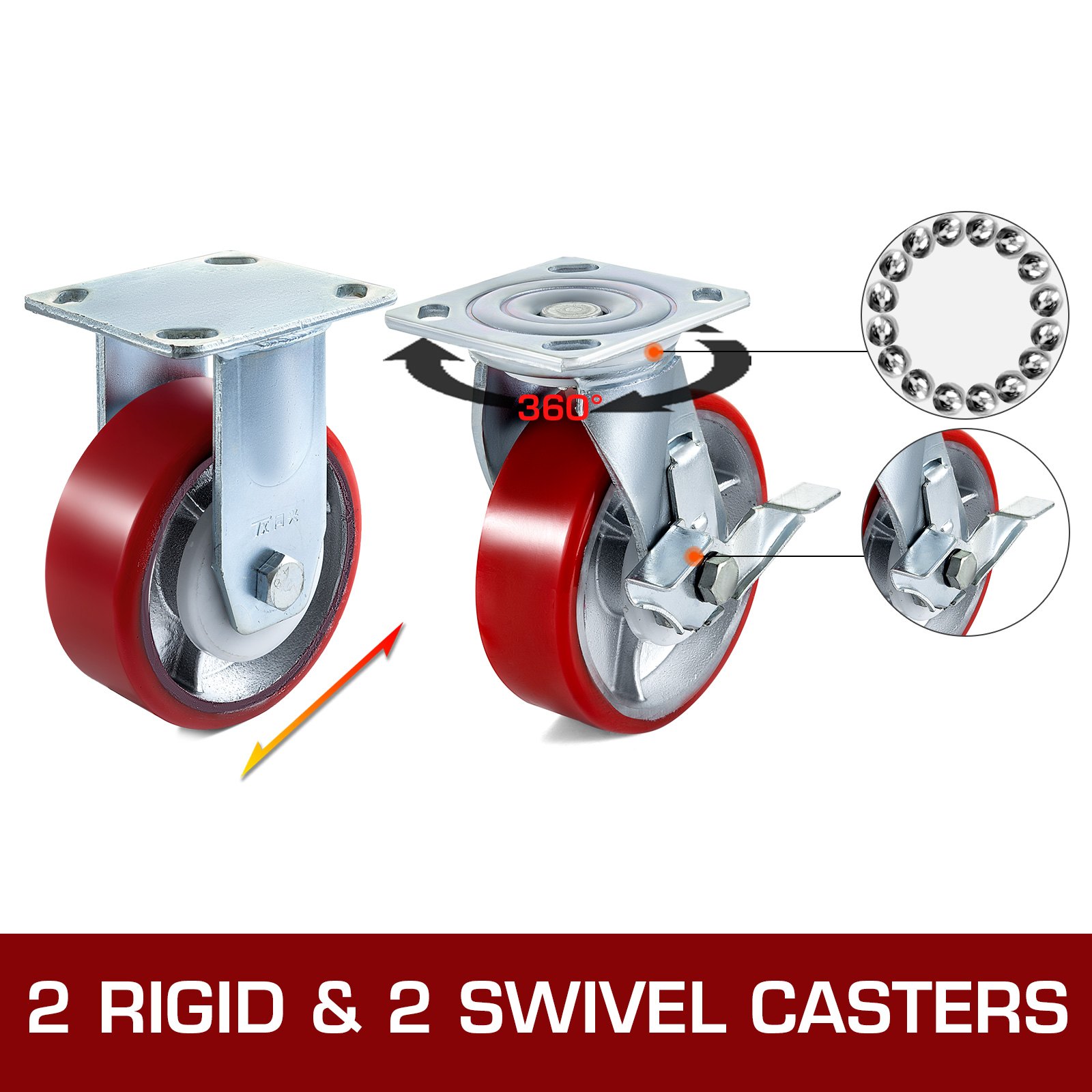 4 Pack Caster Wheels 2 Rigid And 2 Swivel Casters With Side Brake Polyurethane Iron Core Plate Capacity Per Wheel - 3