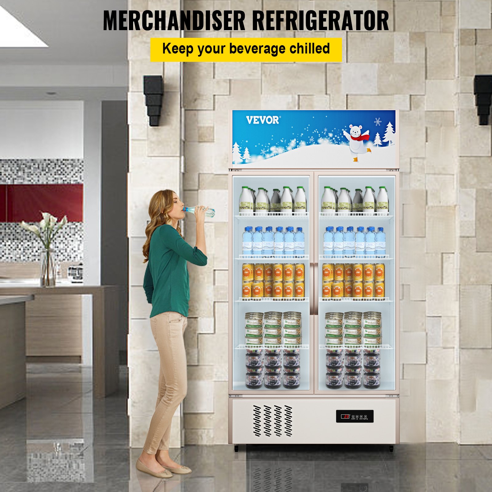 Commercial Refrigerator,Display Fridge Upright Beverage Cooler, Glass Door With LED Light For Home, Store, Gym Or Office, (23 Cu.ft. Double Swing Door)