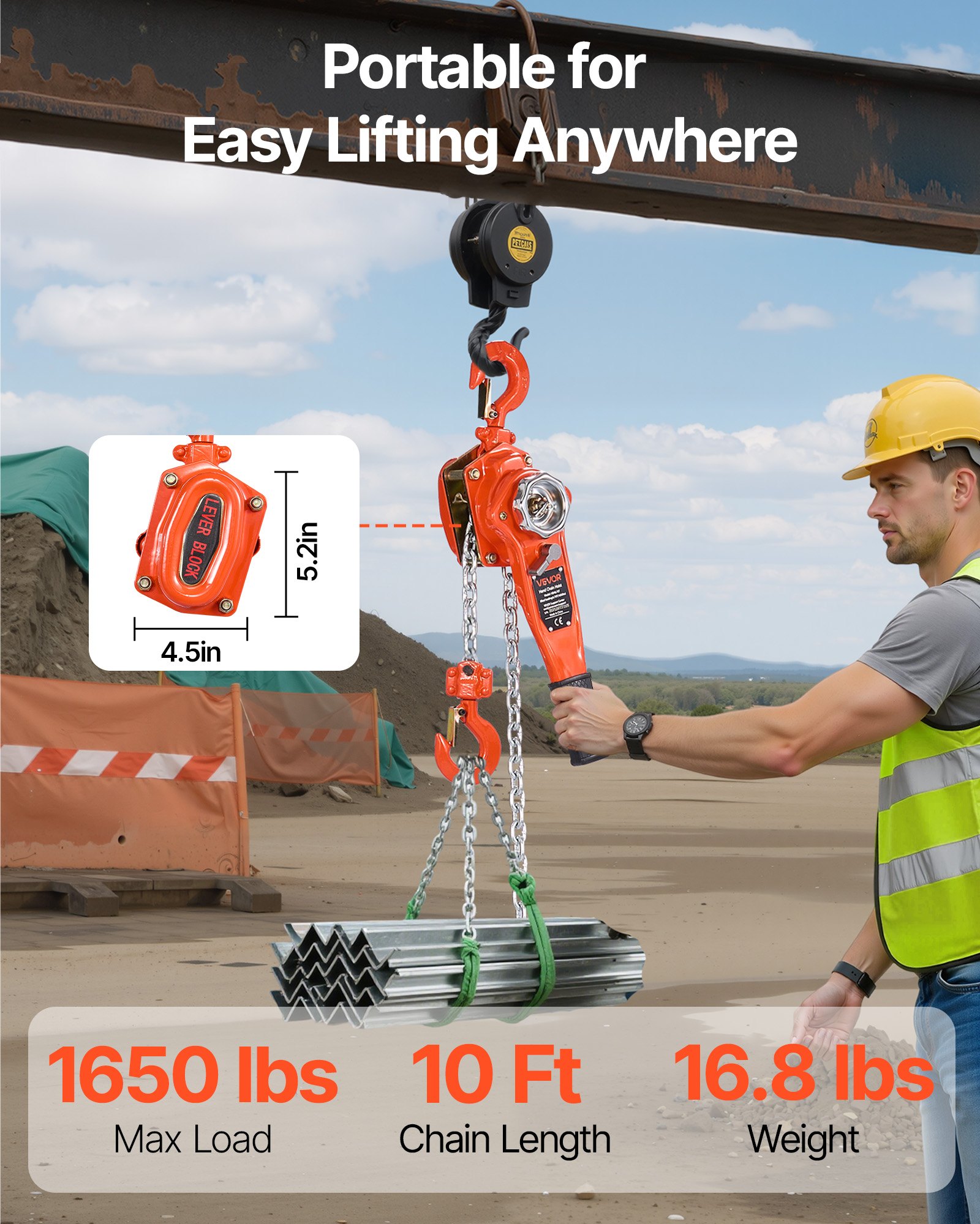 Manual Lever Chain Hoist, 0.75T Capacity Heavy Duty Come Along, 10FT Lift G80 Alloy Steel Chain With Dual Pawl… - 3
