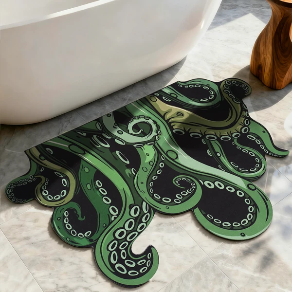 Green And Purple Cthulhu Rugs Water Absorbent Bath Mat Octopus Anime Rug Graphic Gothic Bathroom Rugs Fantasy Decorate, Non Slip Backing, Unique Gift & Decor For Gamers, 27x18 In