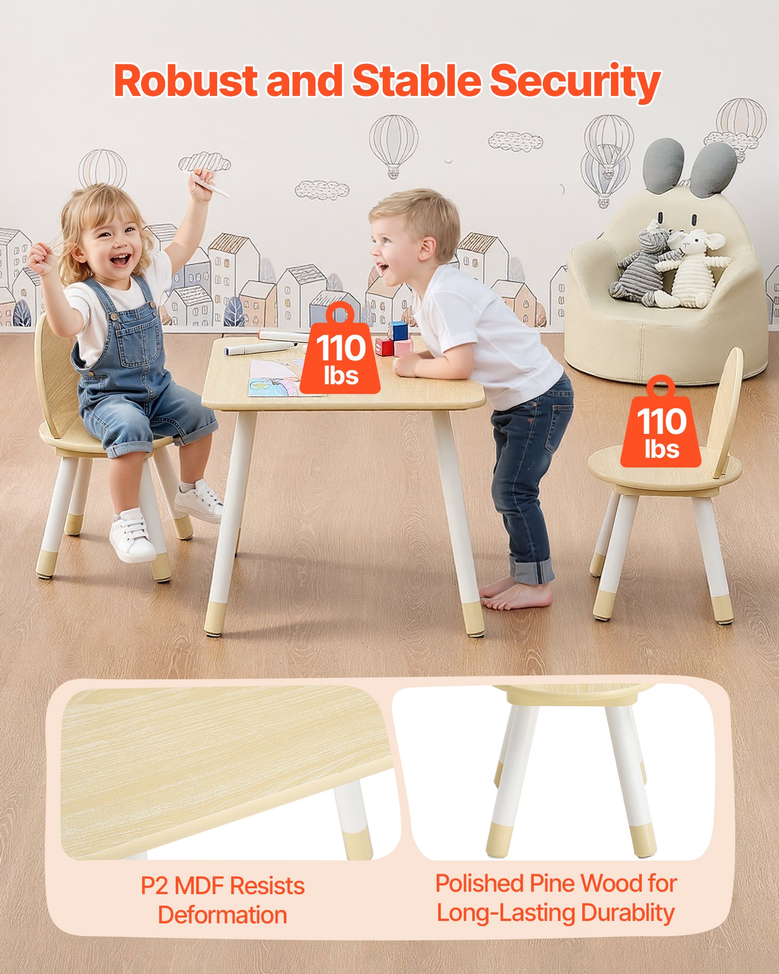 Kids Table And 2 Chairs Set, Toddler Table And Chair Set With Rounded Edge Design & Graffiti Desktop, Wooden Desk For Art, Craft, Reading, Learning, Drawing, Classroom/Daycare/Home, Burlywood_voghion.com