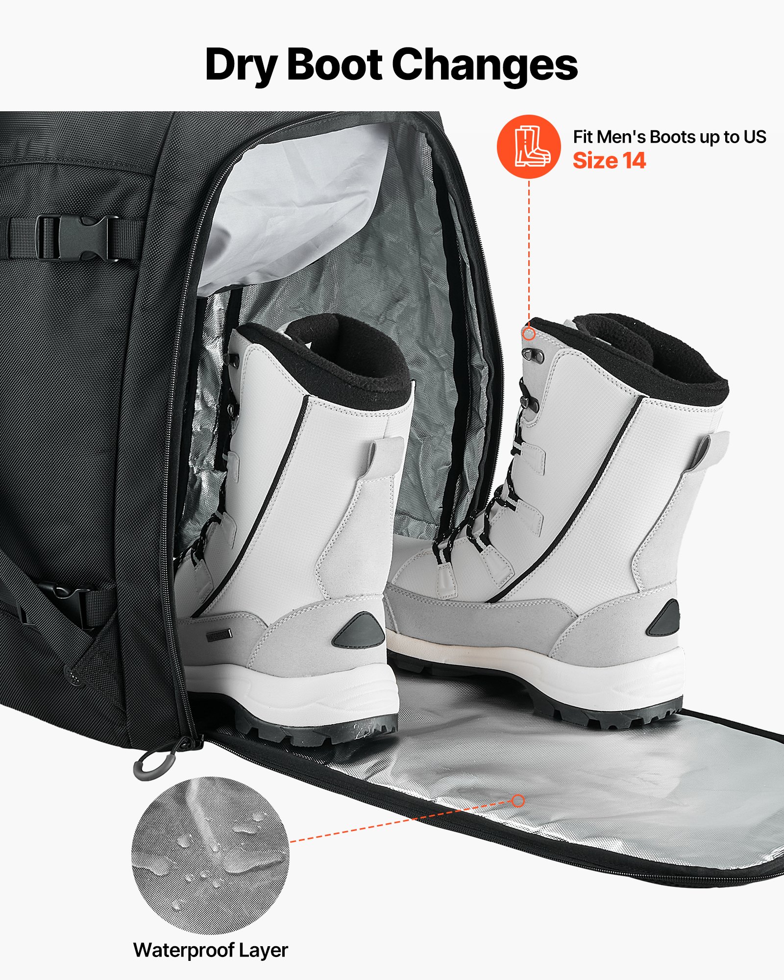 Ski Boot Bag, 55L, Snowboard Boots Travel Backpack For Men Women, With Waterproof Exterior & Bottom, Durable 1680D Oxford, Bag For Skis, Snowboard, Helmet, Goggles, Gloves, Accessories (Black)