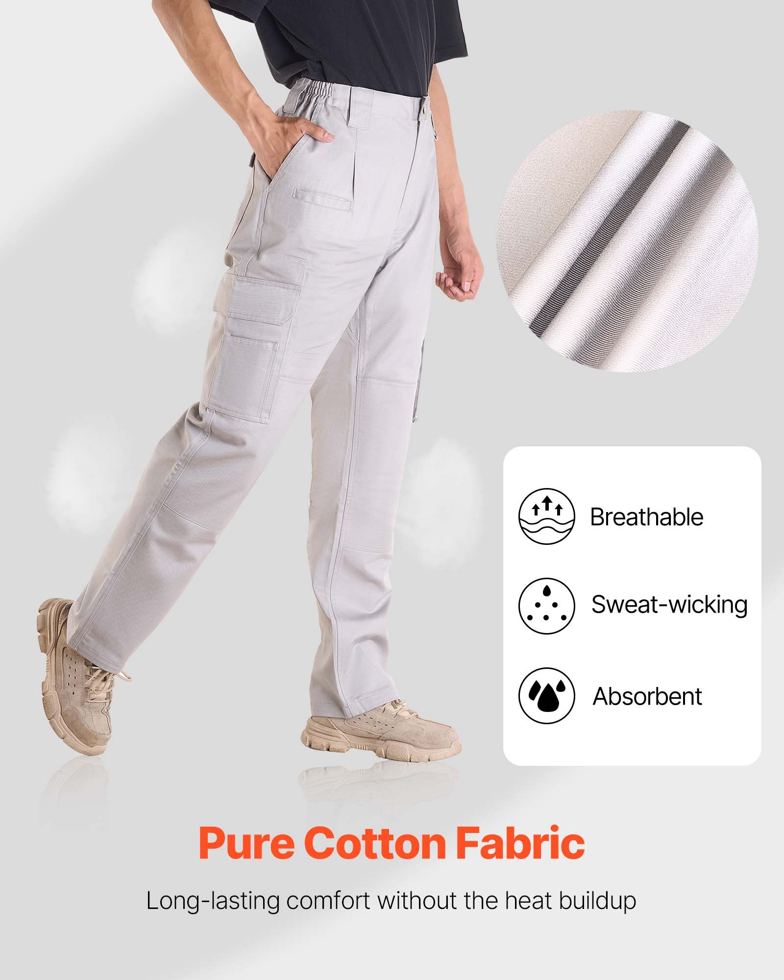 FR Pants For Men, 9 Oz 100% Cotton, Flame-Resistant Cargo Pants With Multi-Pockets And Elastic Waist, Reinforced Tear-proof Stitching, Ideal For Welding Work And Casual Wear, XXL Size, Gray