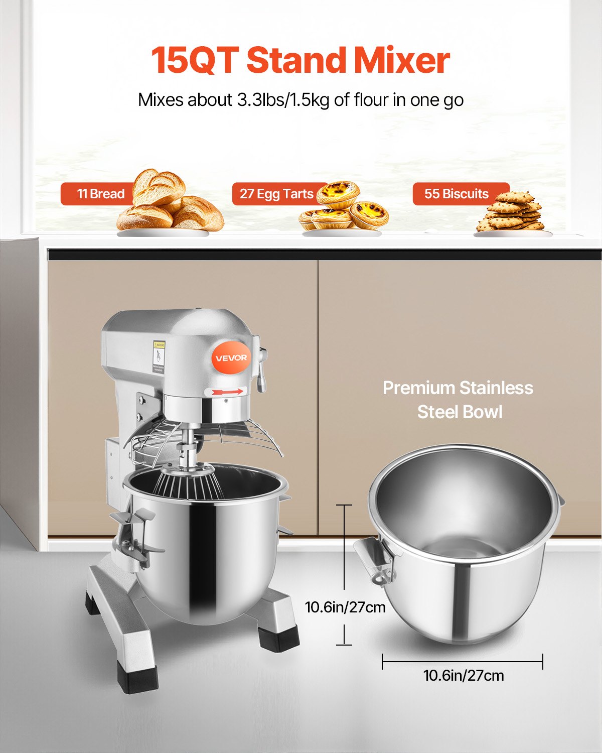 Commercial Food Mixer 15Qt 600W 3 Speeds Adjustable 110/178/390 RPM Heavy Duty 110V With Stainless Steel Bowl Dough Hooks Whisk Beater Premium For Schools Bakeries Restaurants Pizzerias image 4