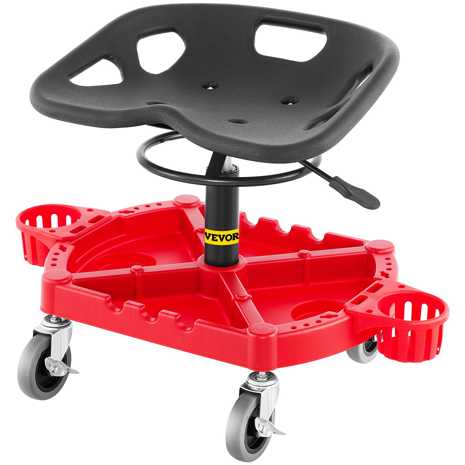 Rolling Garage Stool, 300LBS Capacity, Adjustable Height From 18 In To 23 In, 360-degree Swivel Wheels (4\"), Large Tool Tray With Two Bottle Holder, For Workshop, Auto Repair Shop, Red - Image 1